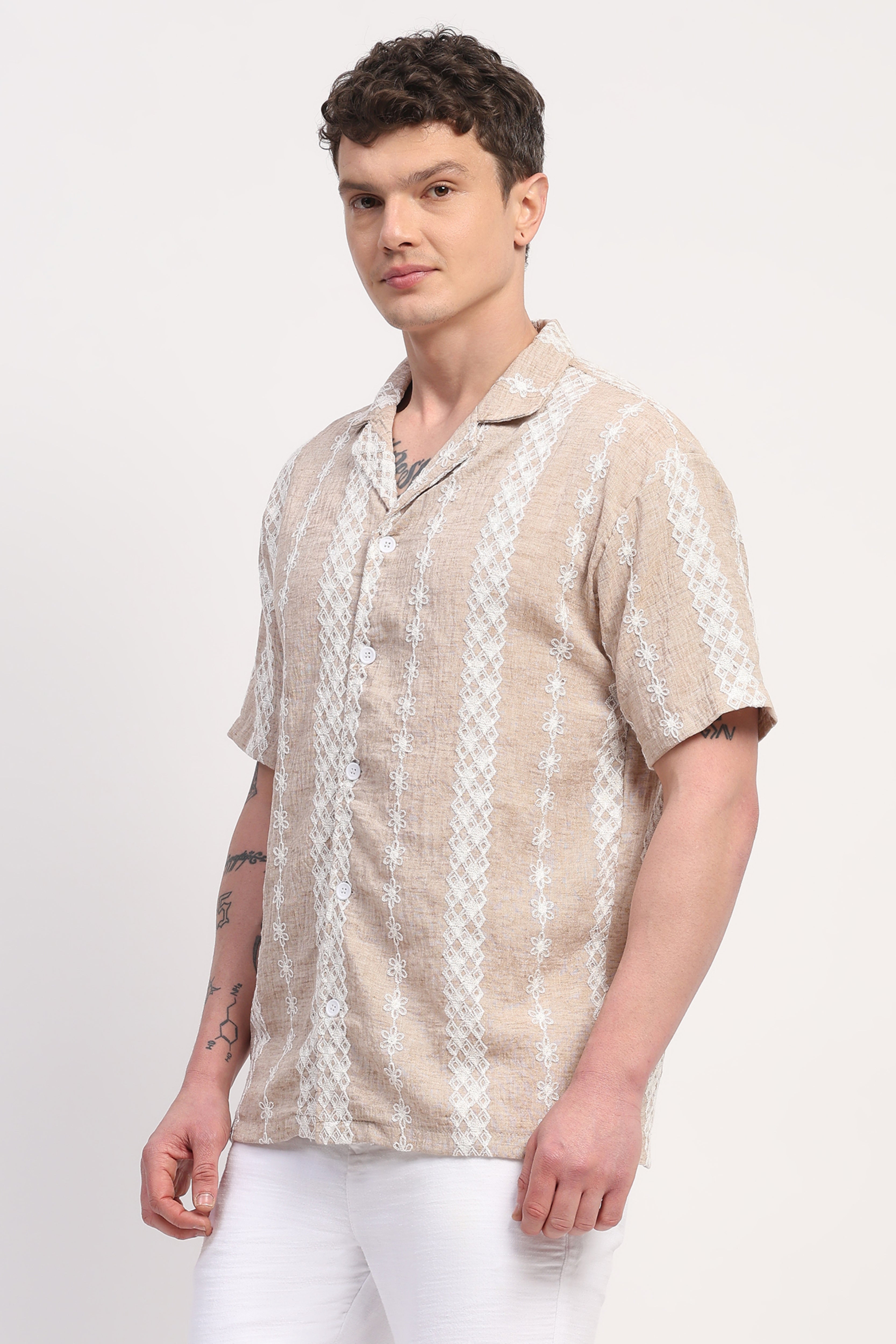 Beige Linen Blend Embroidered Shirt