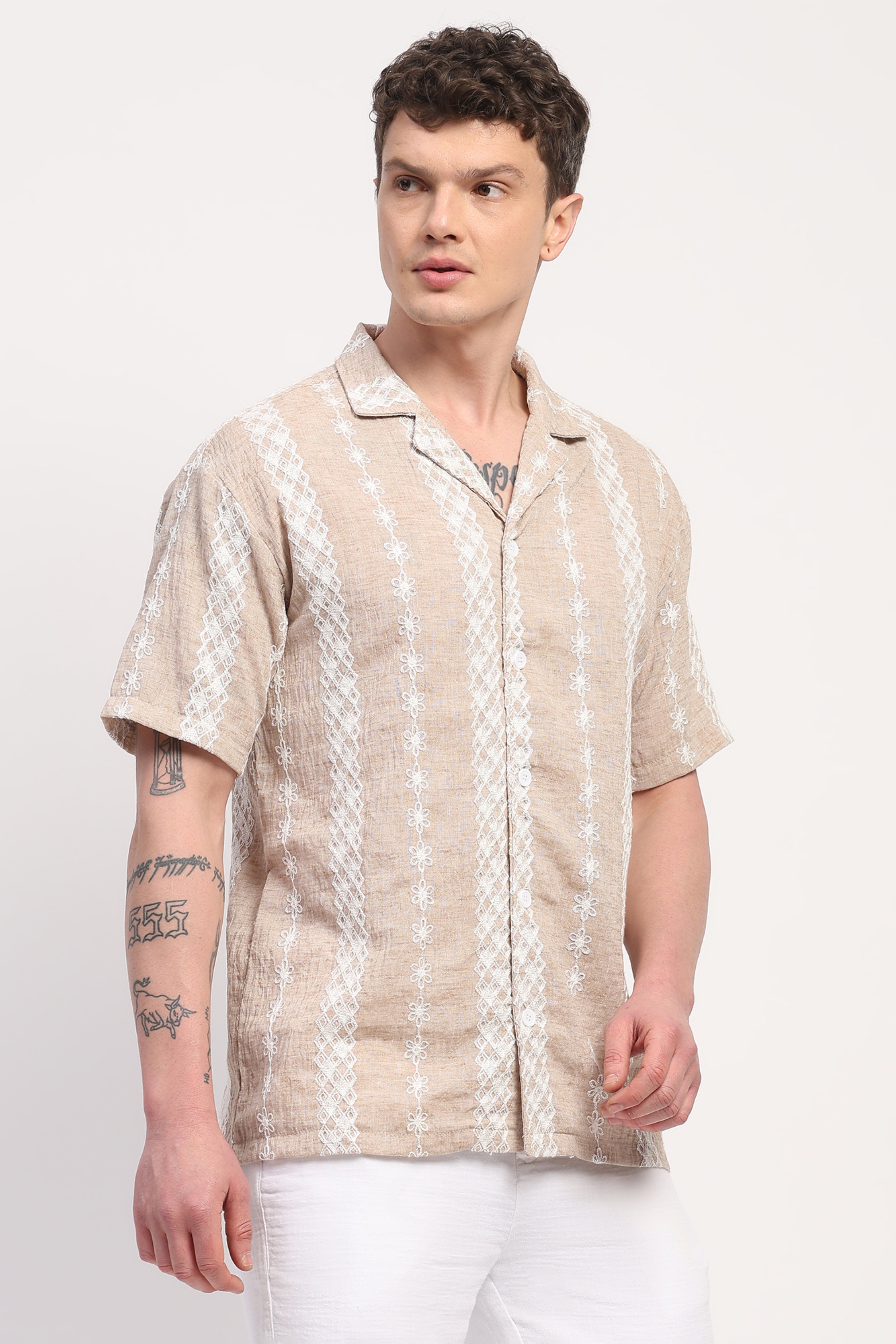 Beige Linen Blend Embroidered Shirt
