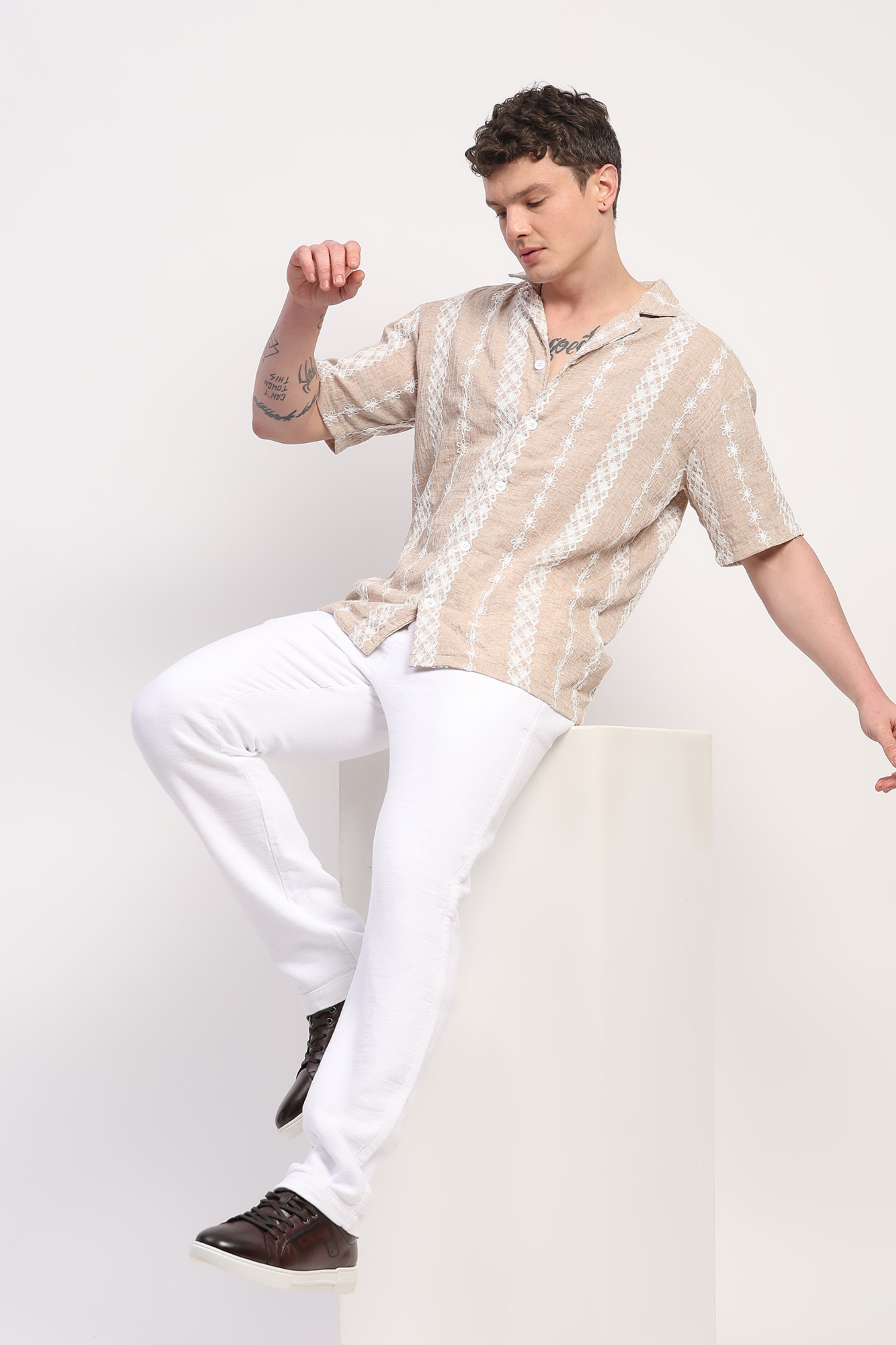 Beige Linen Blend Embroidered Shirt