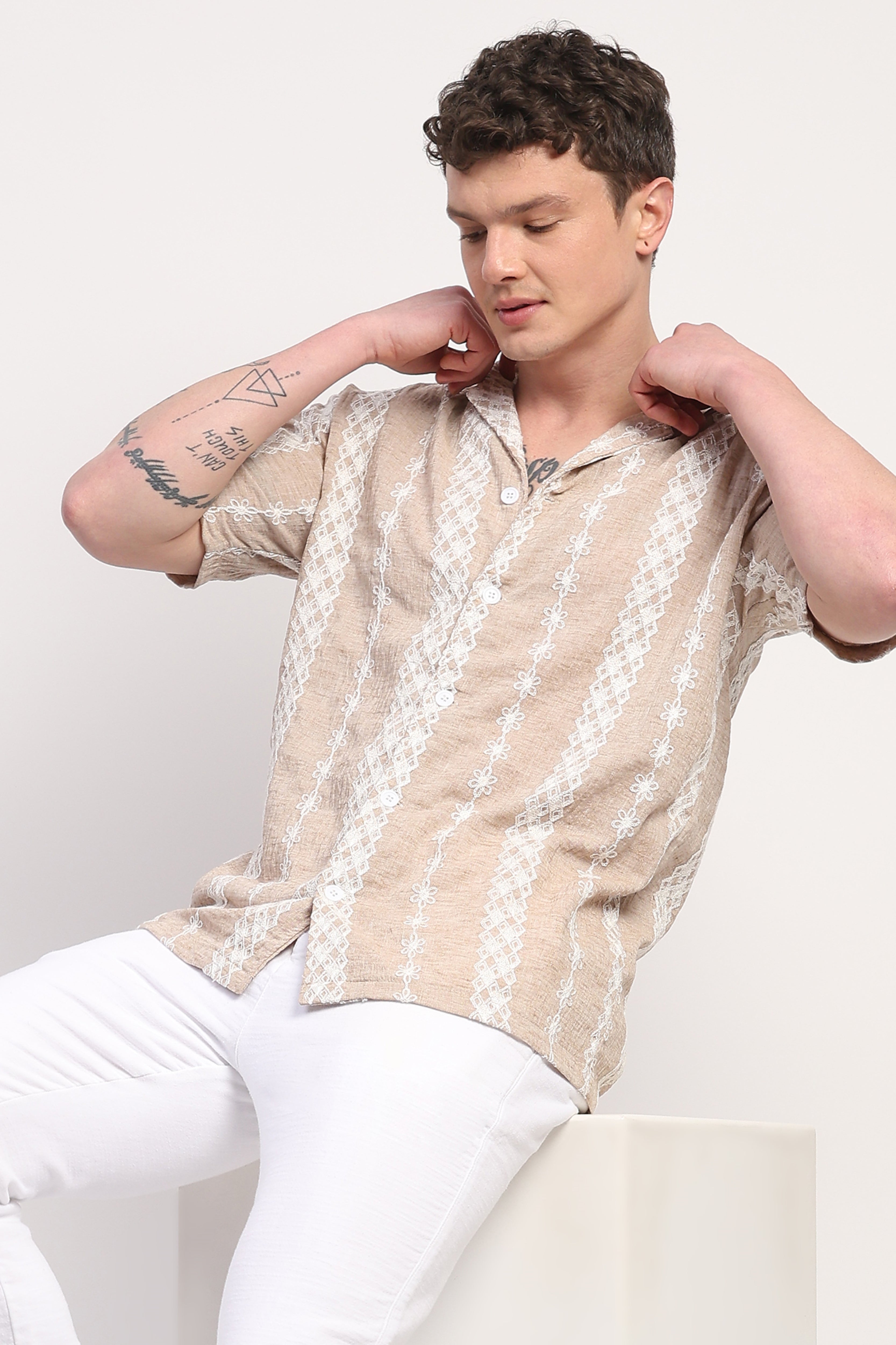Beige Linen Blend Embroidered Shirt
