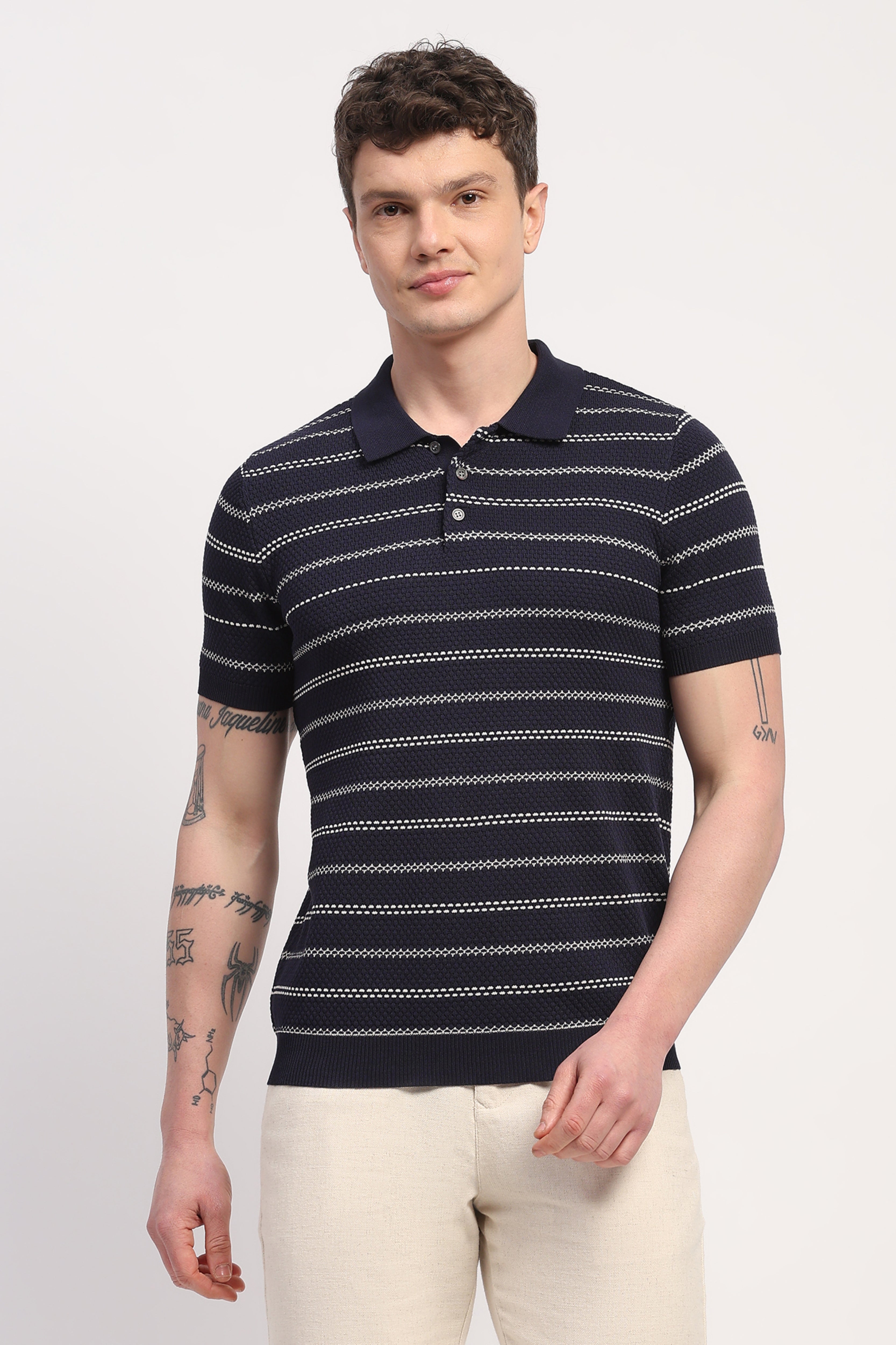 Navy Blue Viscose Blend Woven Self Design T-Shirt