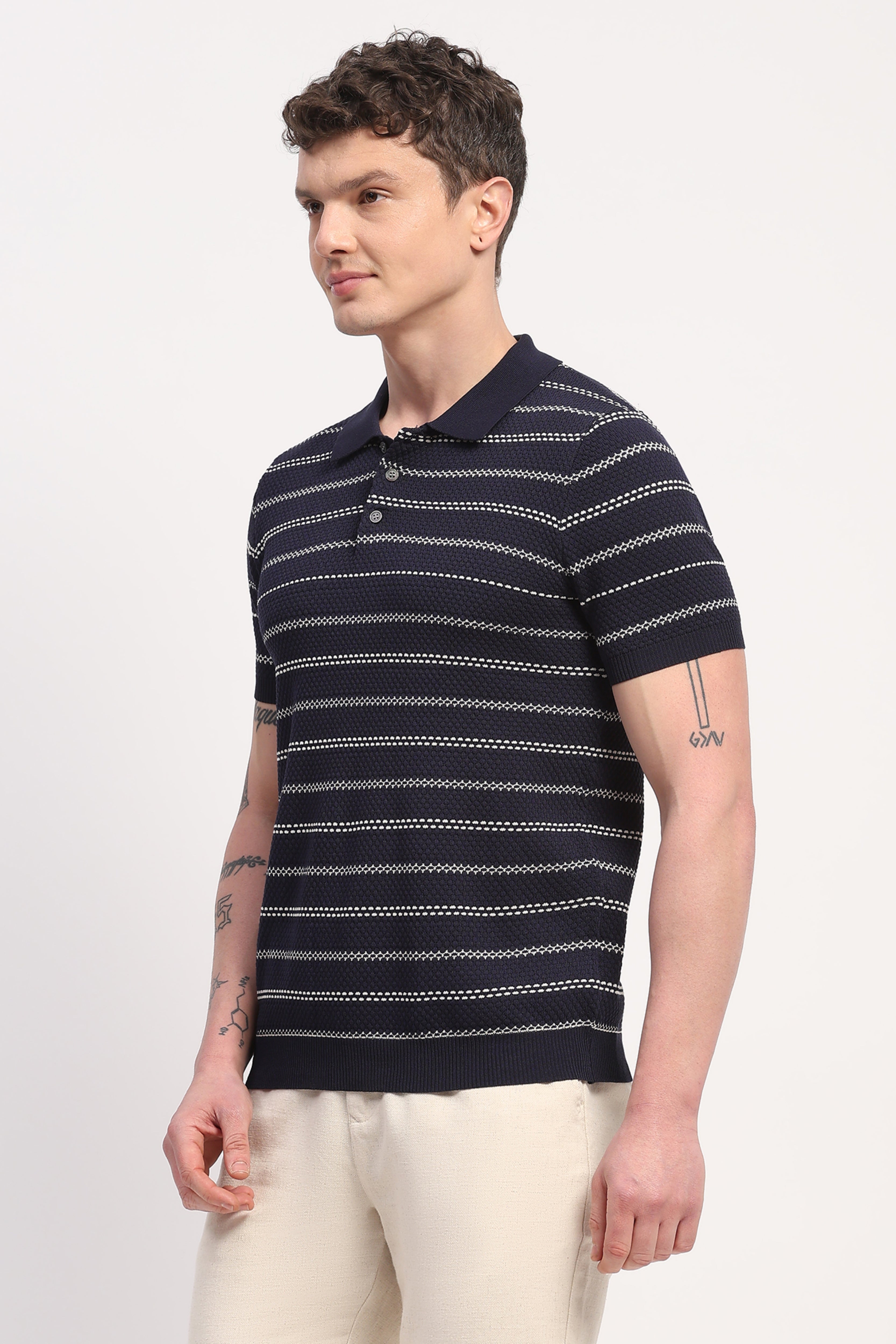 Navy Blue Viscose Blend Woven Self Design T-Shirt