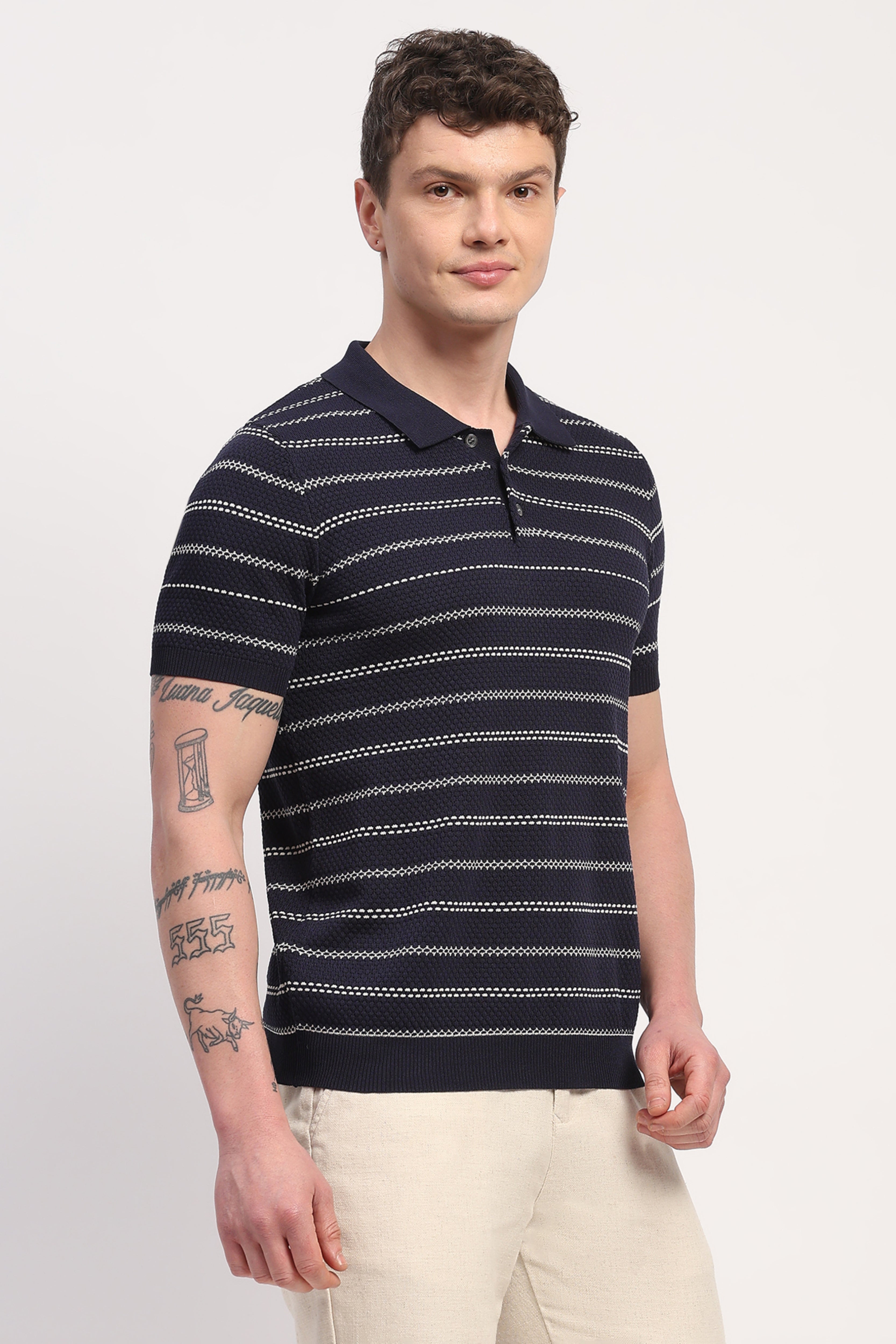 Navy Blue Viscose Blend Woven Self Design T-Shirt