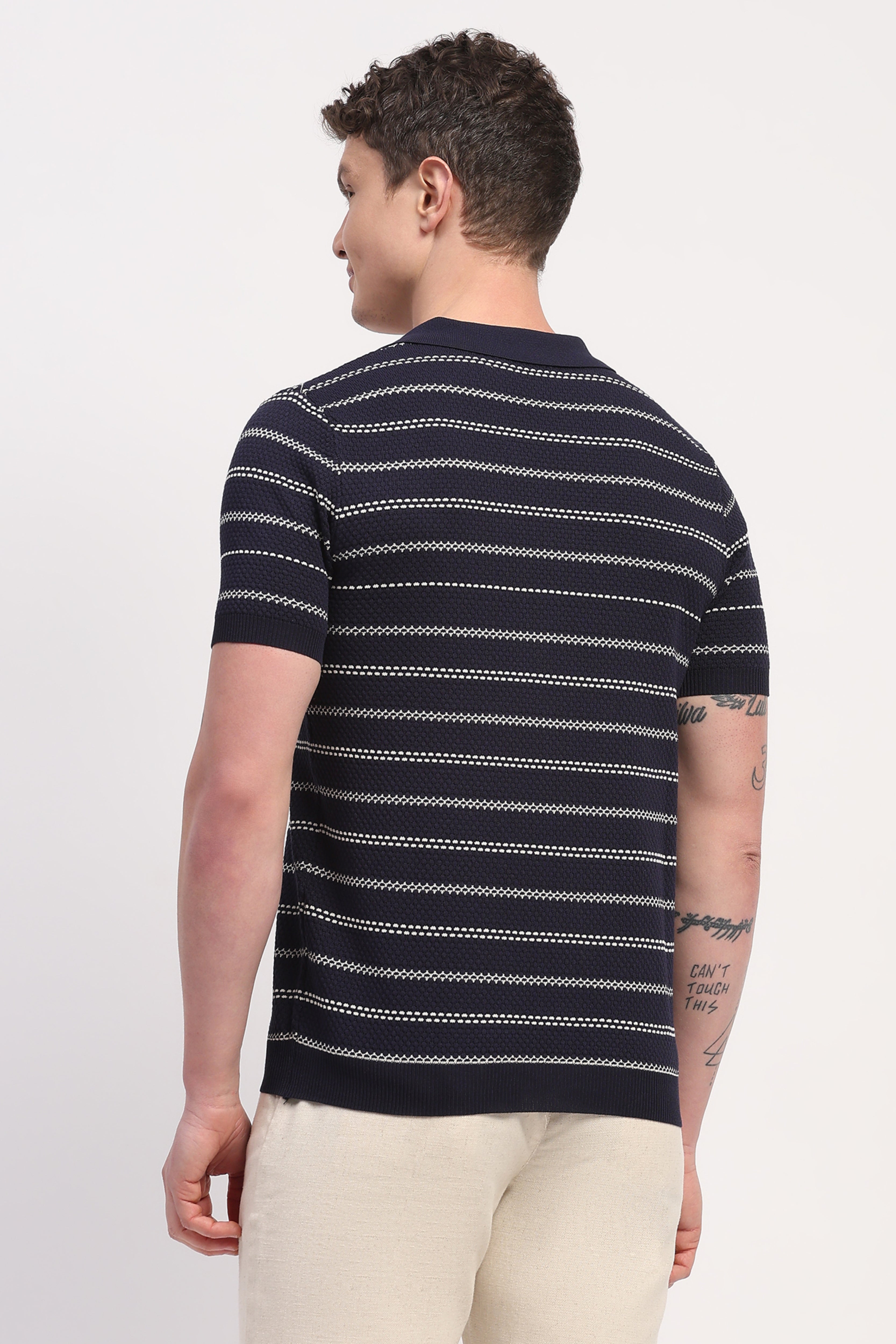 Navy Blue Viscose Blend Woven Self Design T-Shirt