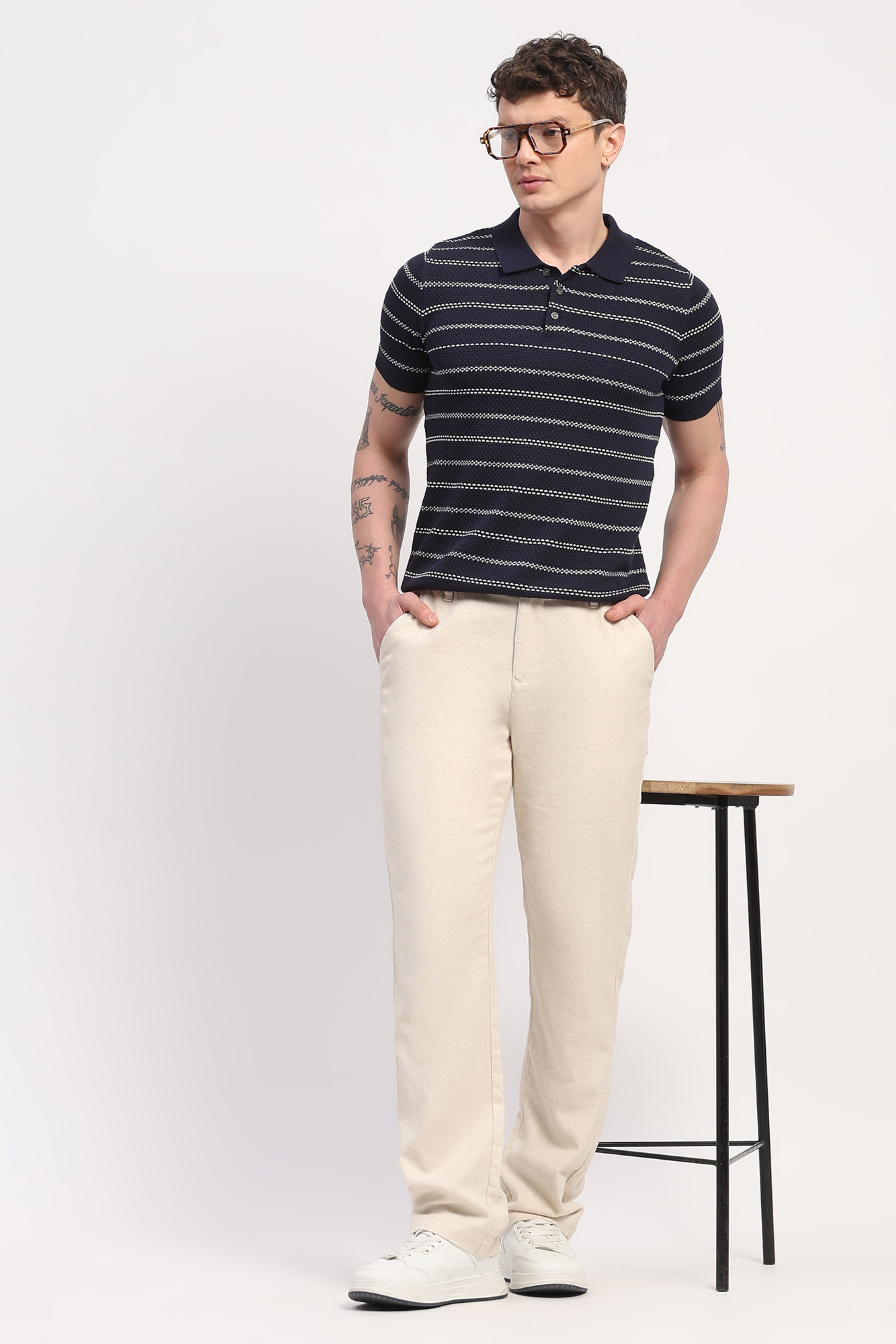 Navy Blue Viscose Blend Woven Self Design T-Shirt