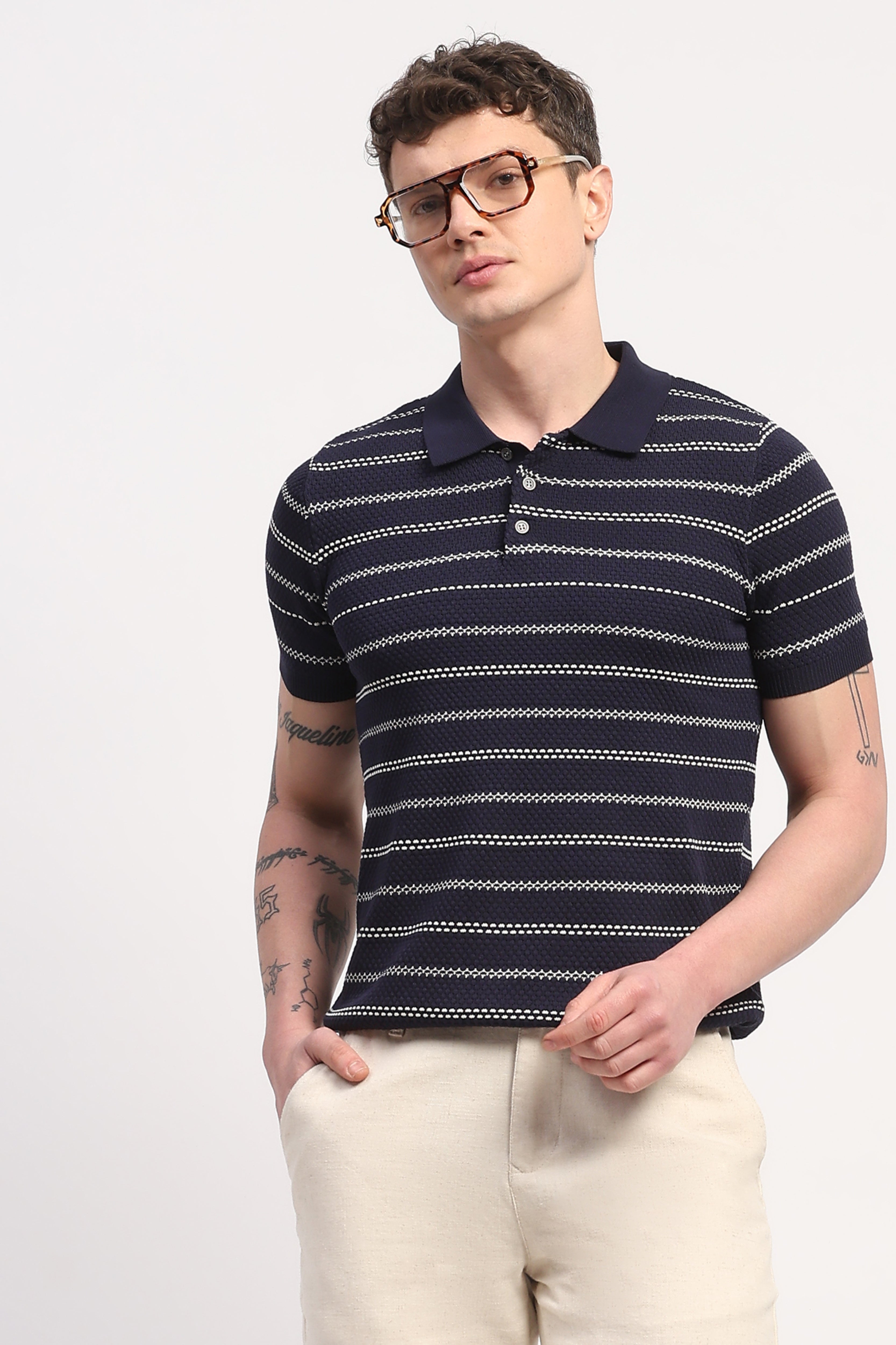 Navy Blue Viscose Blend Woven Self Design T-Shirt