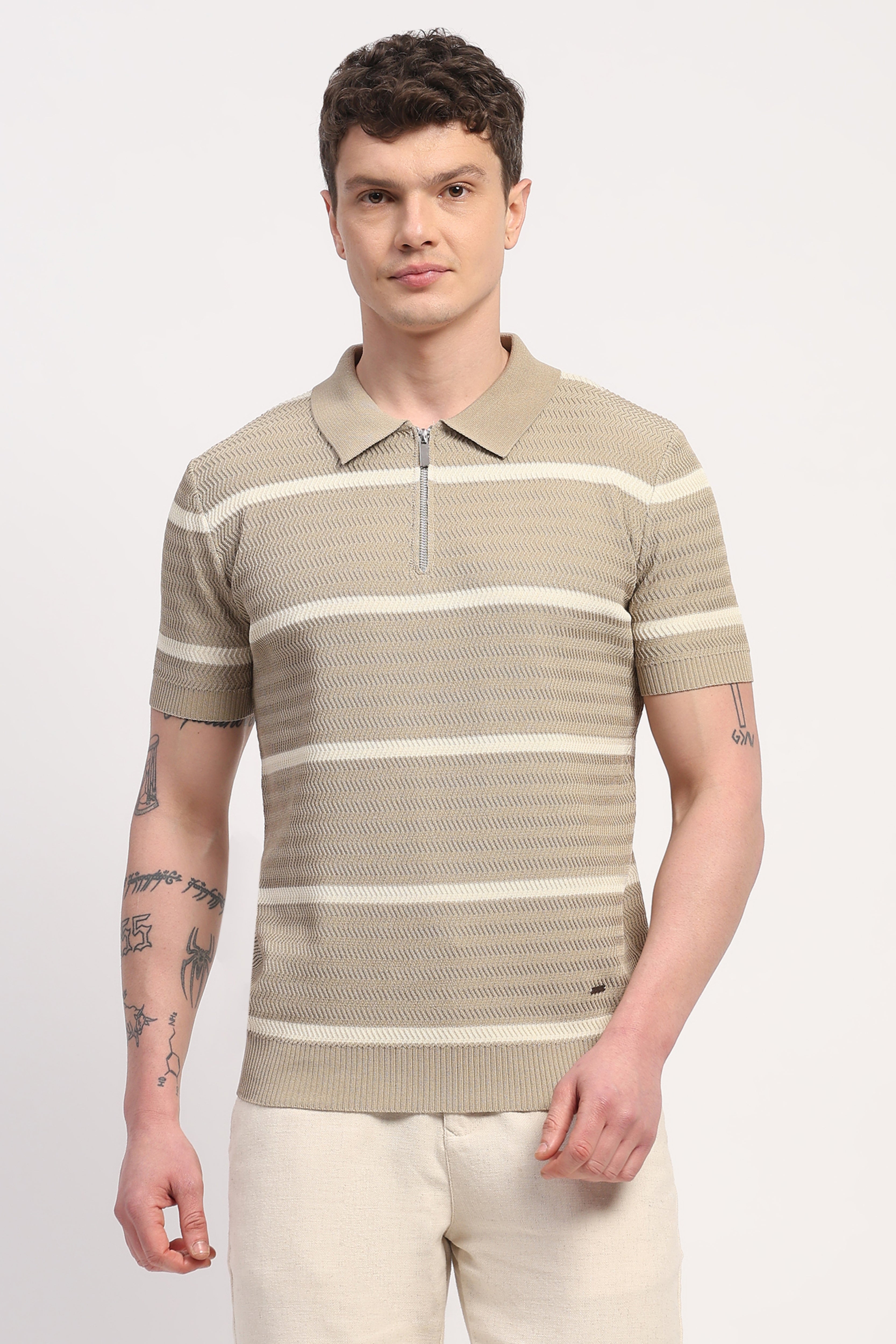 Brown Viscose Blend Striped T-Shirt