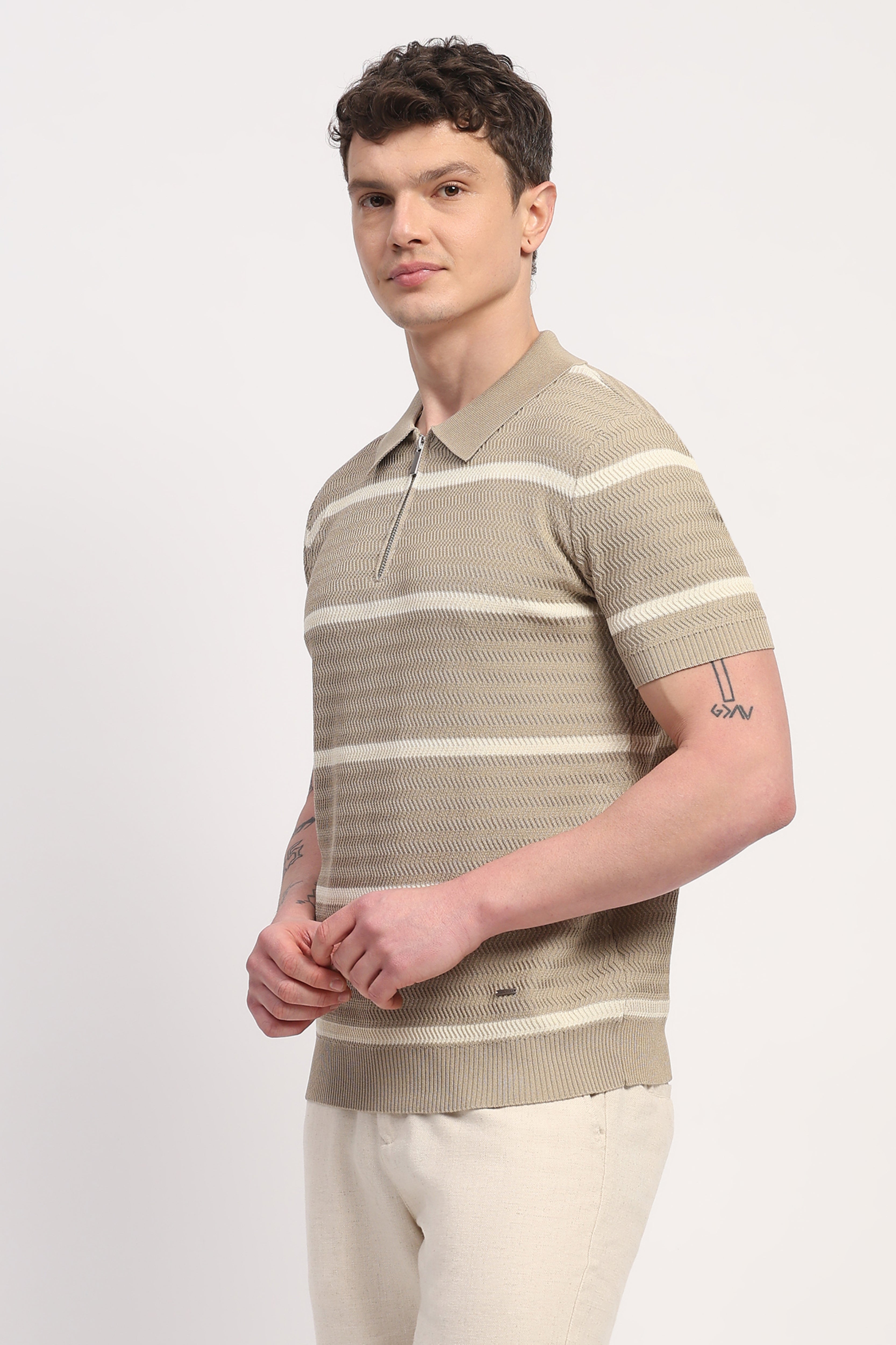 Brown Viscose Blend Striped T-Shirt