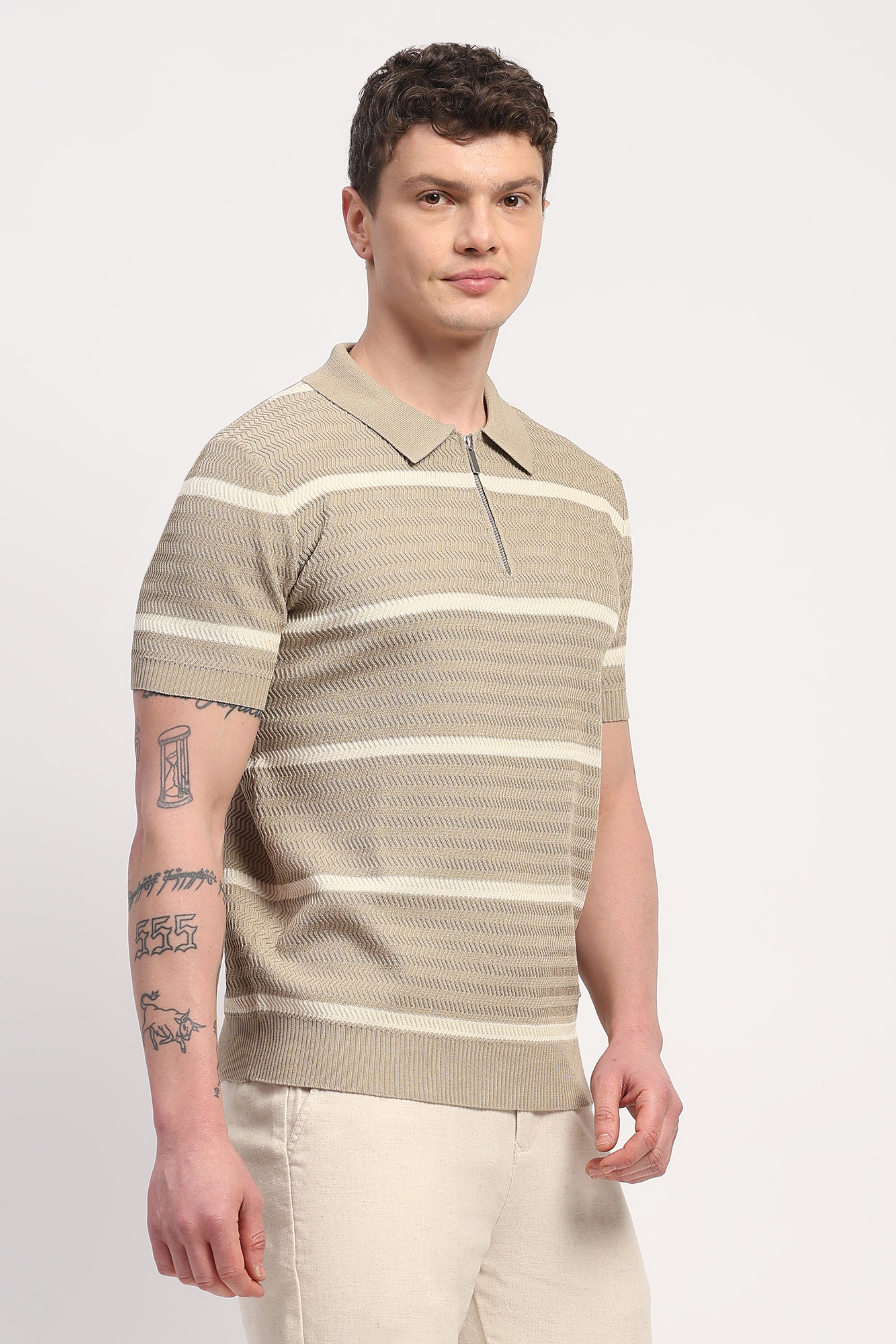 Brown Viscose Blend Striped T-Shirt