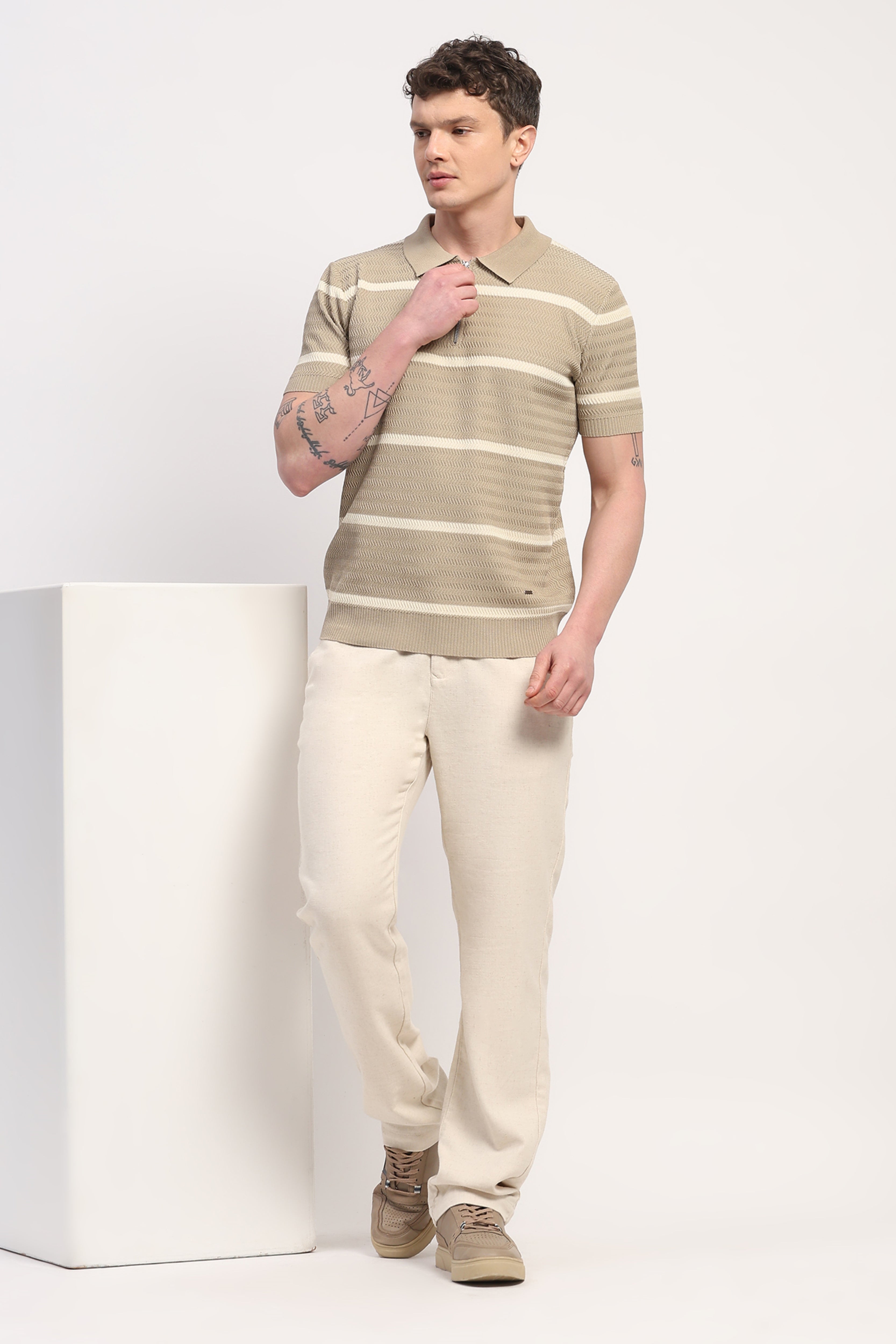 Brown Viscose Blend Striped T-Shirt