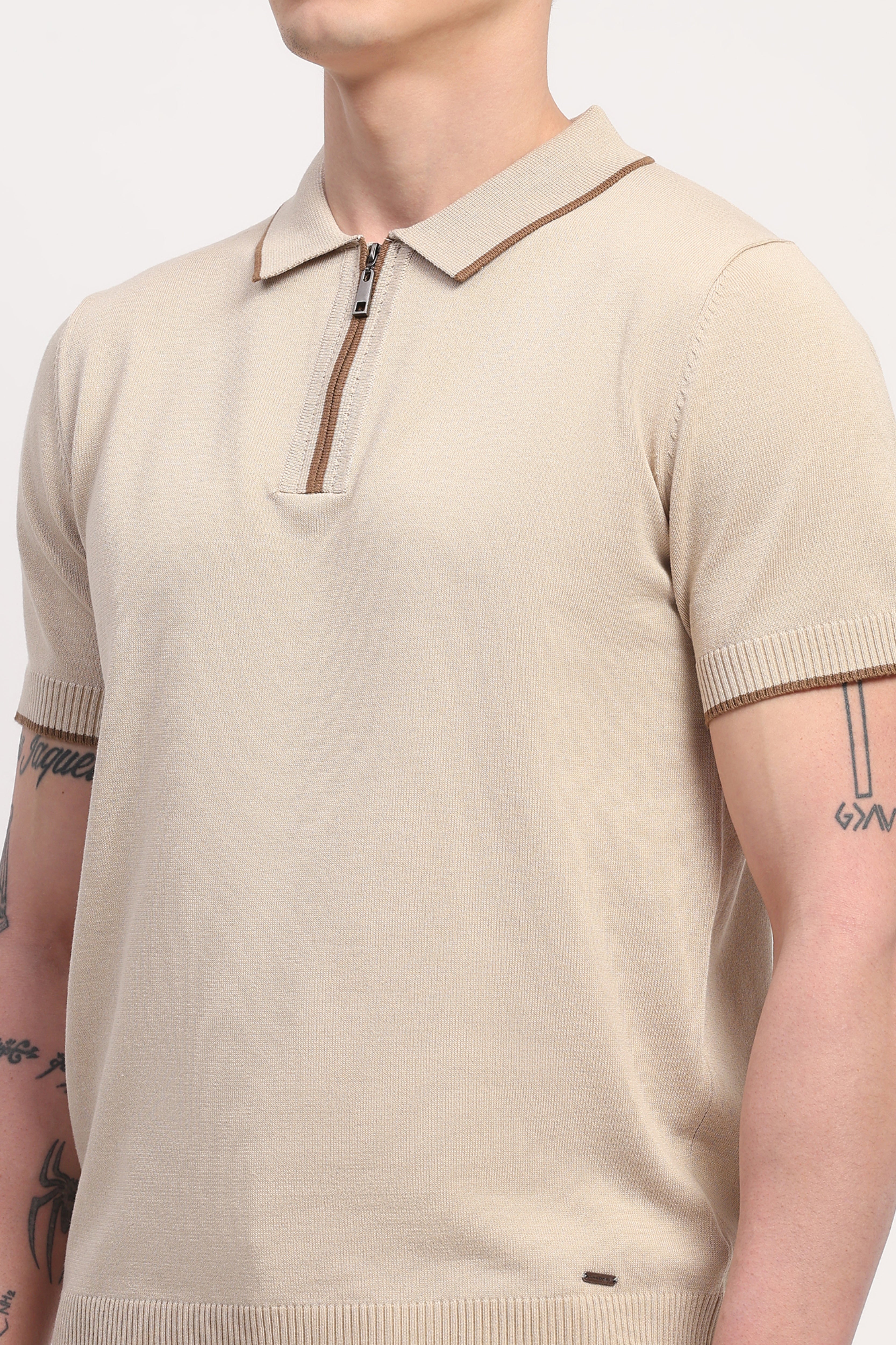 Beige Viscose Blend Solid T-Shirt