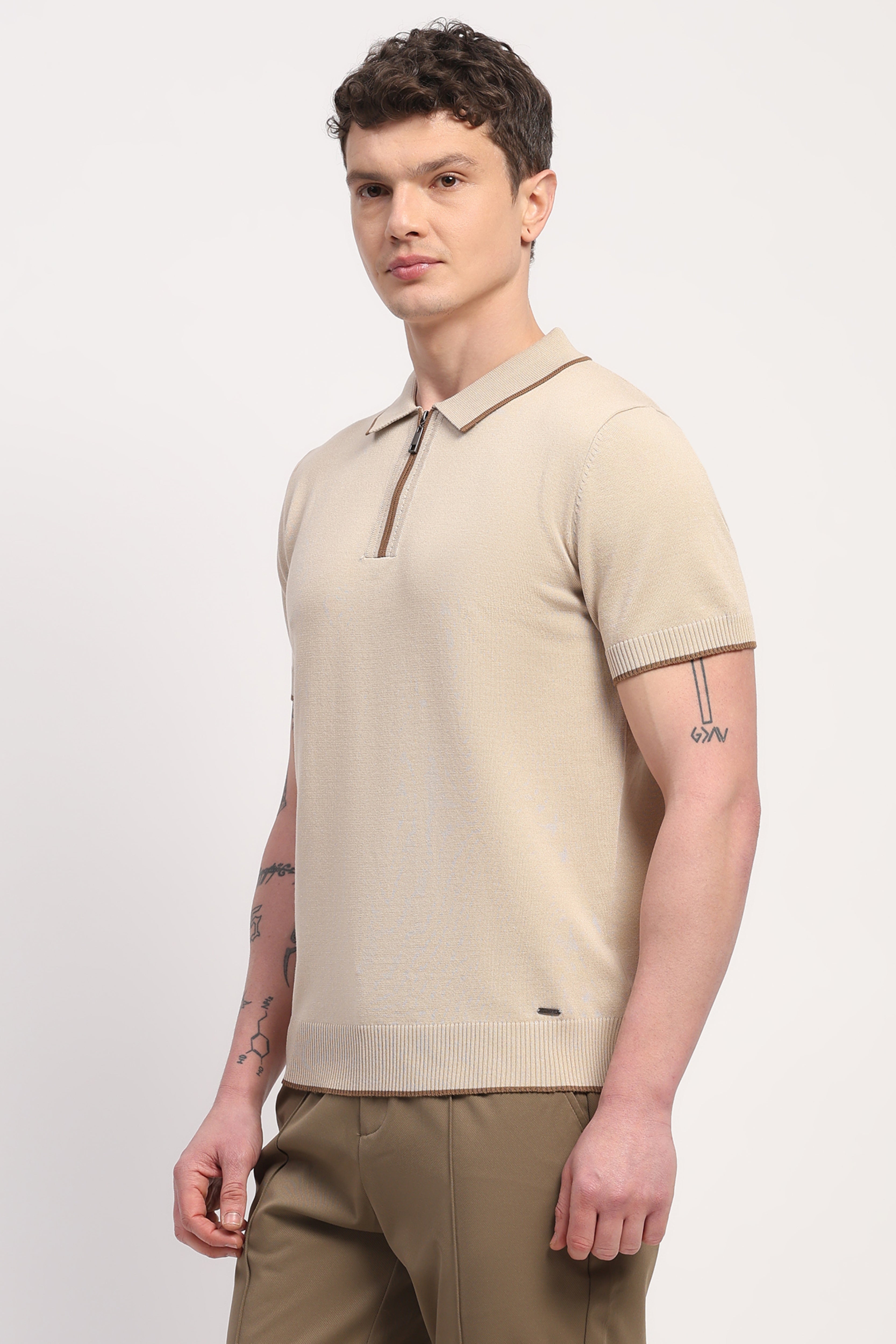 Beige Viscose Blend Solid T-Shirt