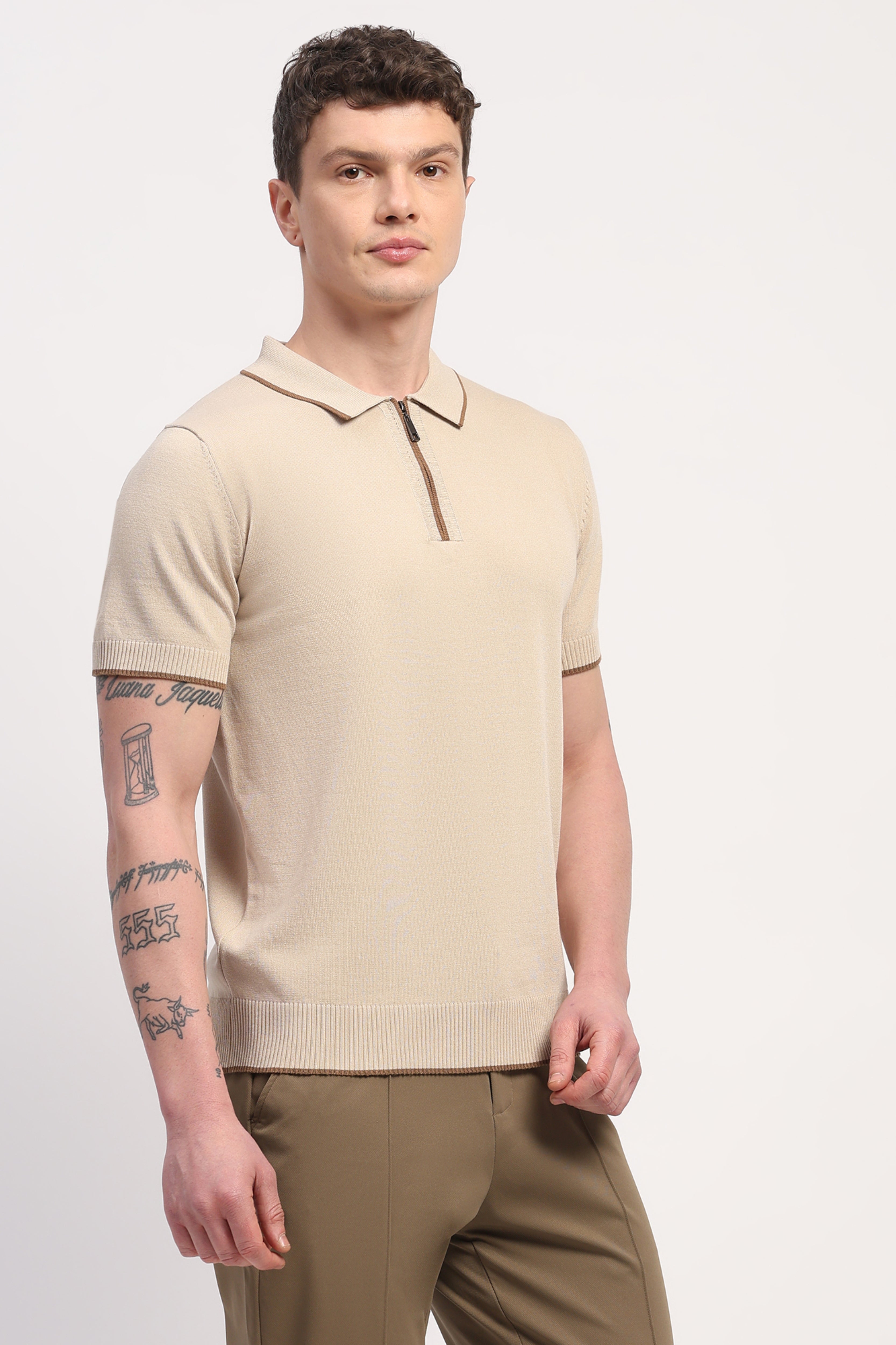 Beige Viscose Blend Solid T-Shirt