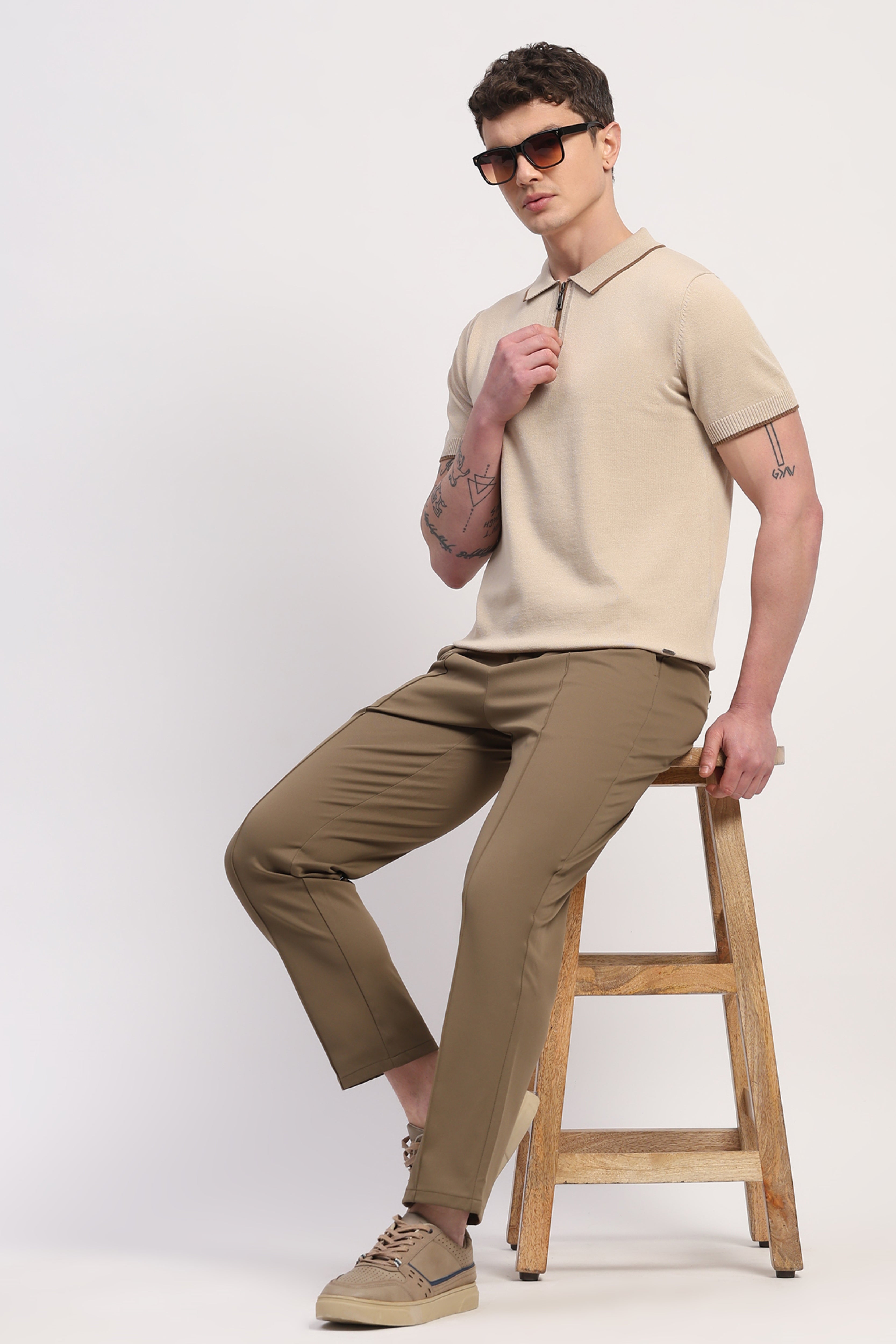 Beige Viscose Blend Solid T-Shirt
