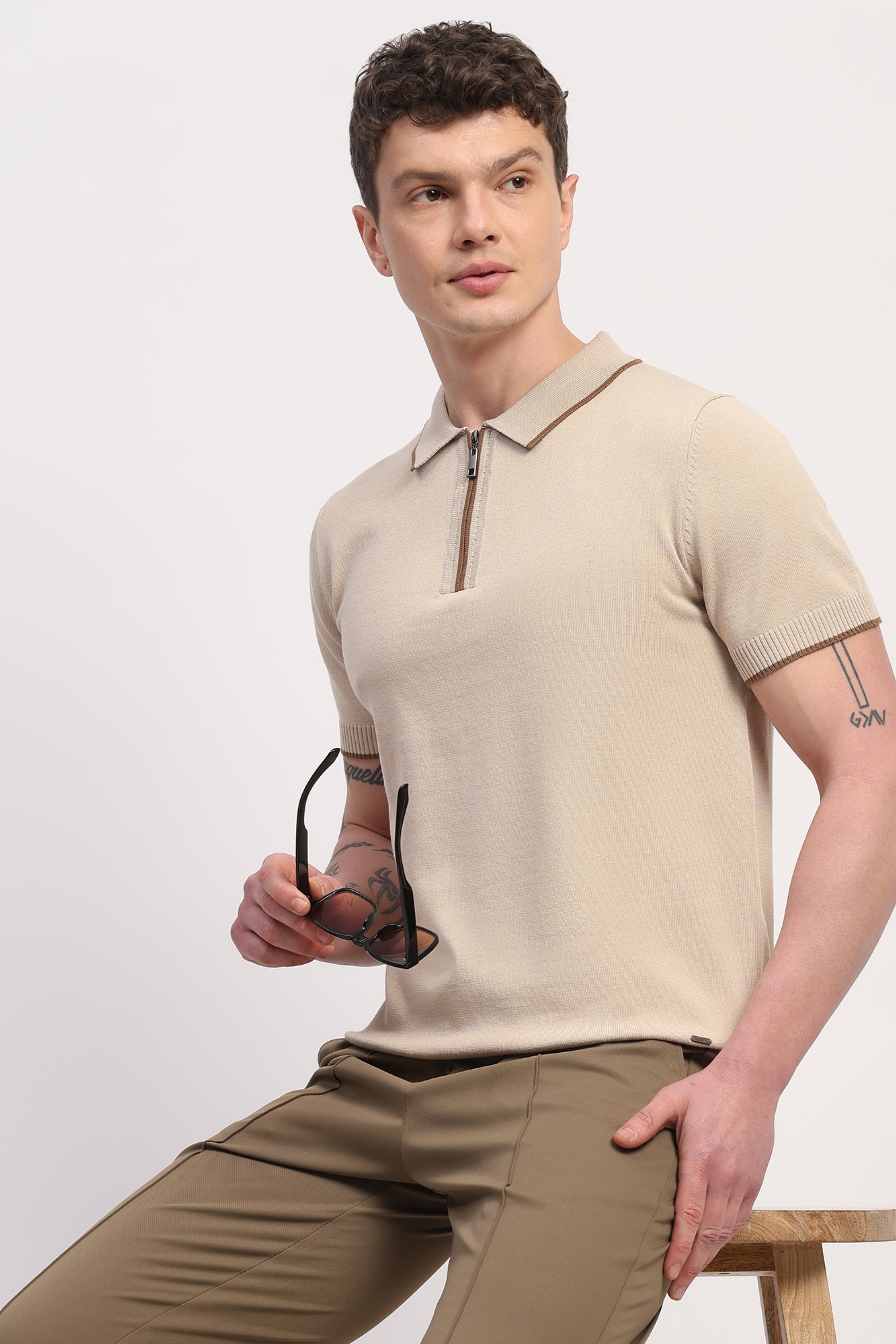 Beige Viscose Blend Solid T-Shirt
