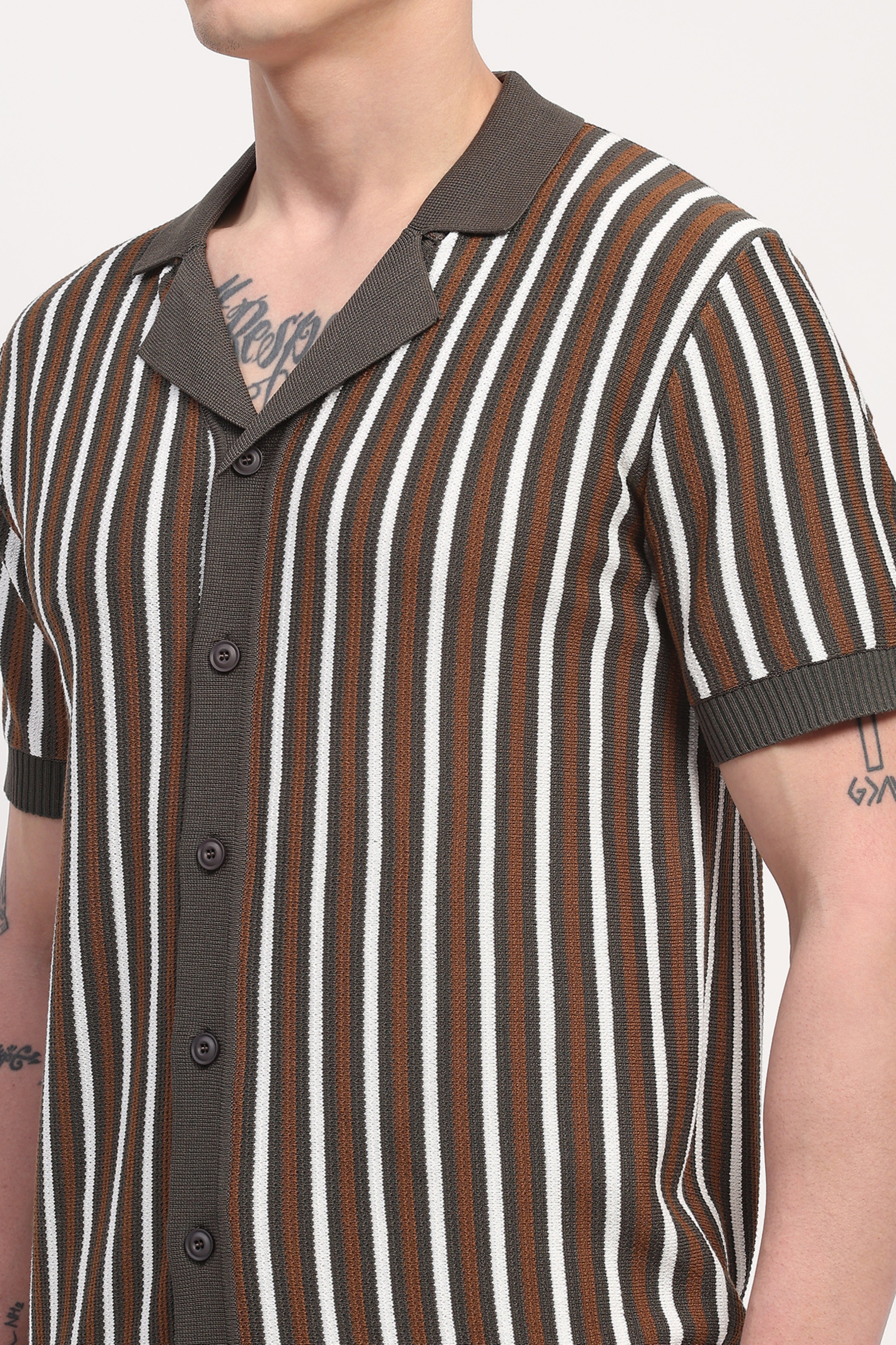 Olive Viscose Blend Striped Shirt