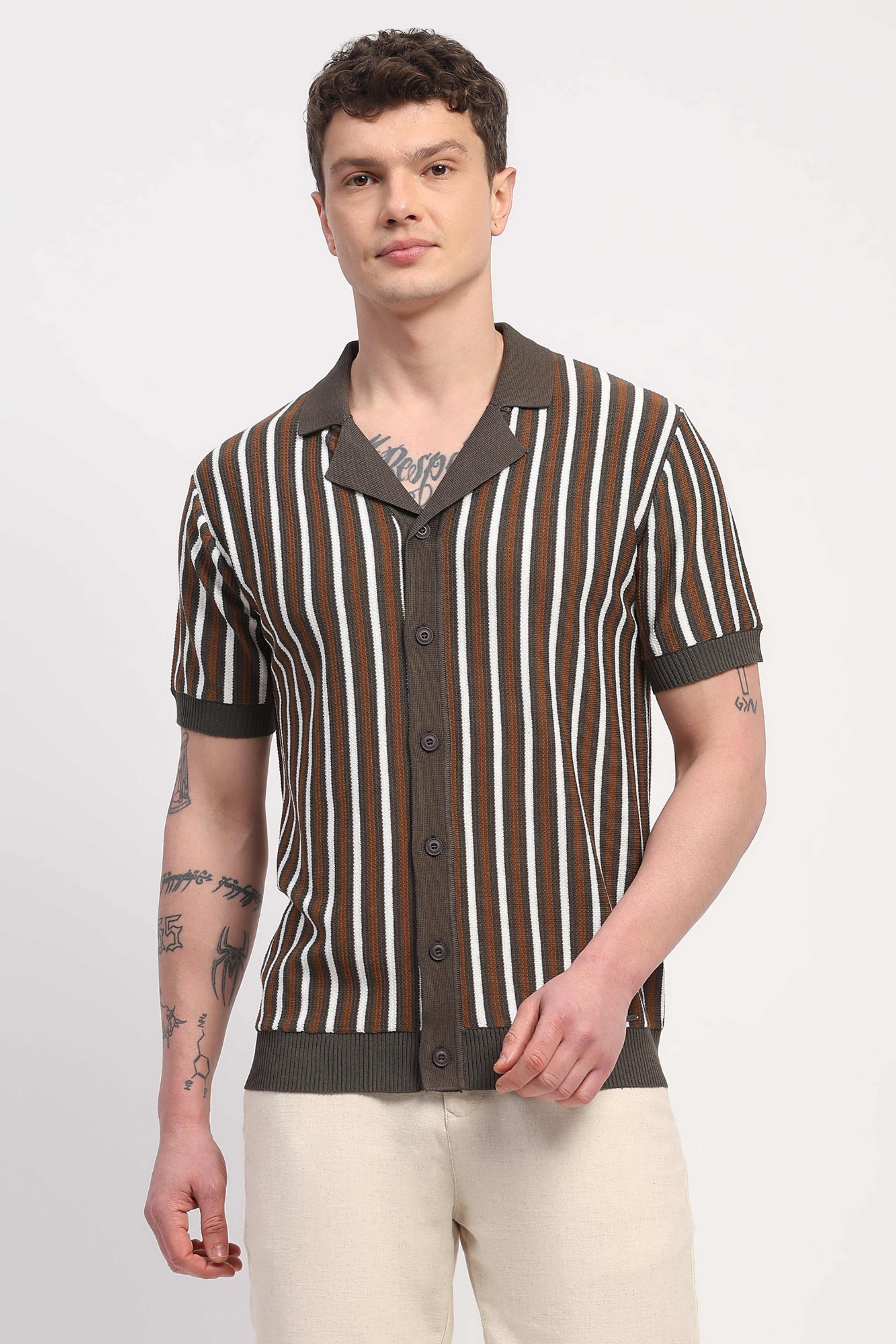 Olive Viscose Blend Striped Shirt