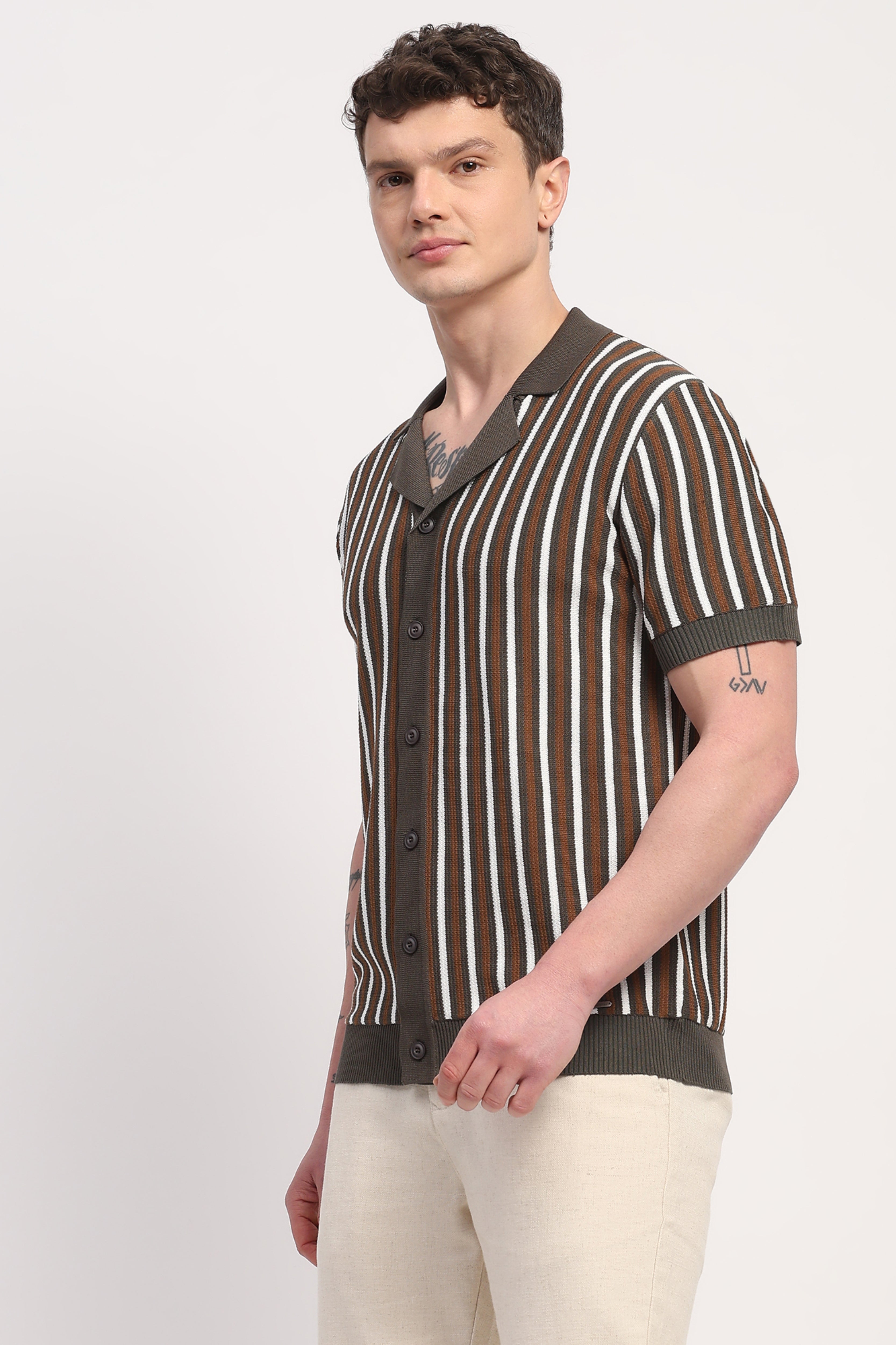 Olive Viscose Blend Striped Shirt