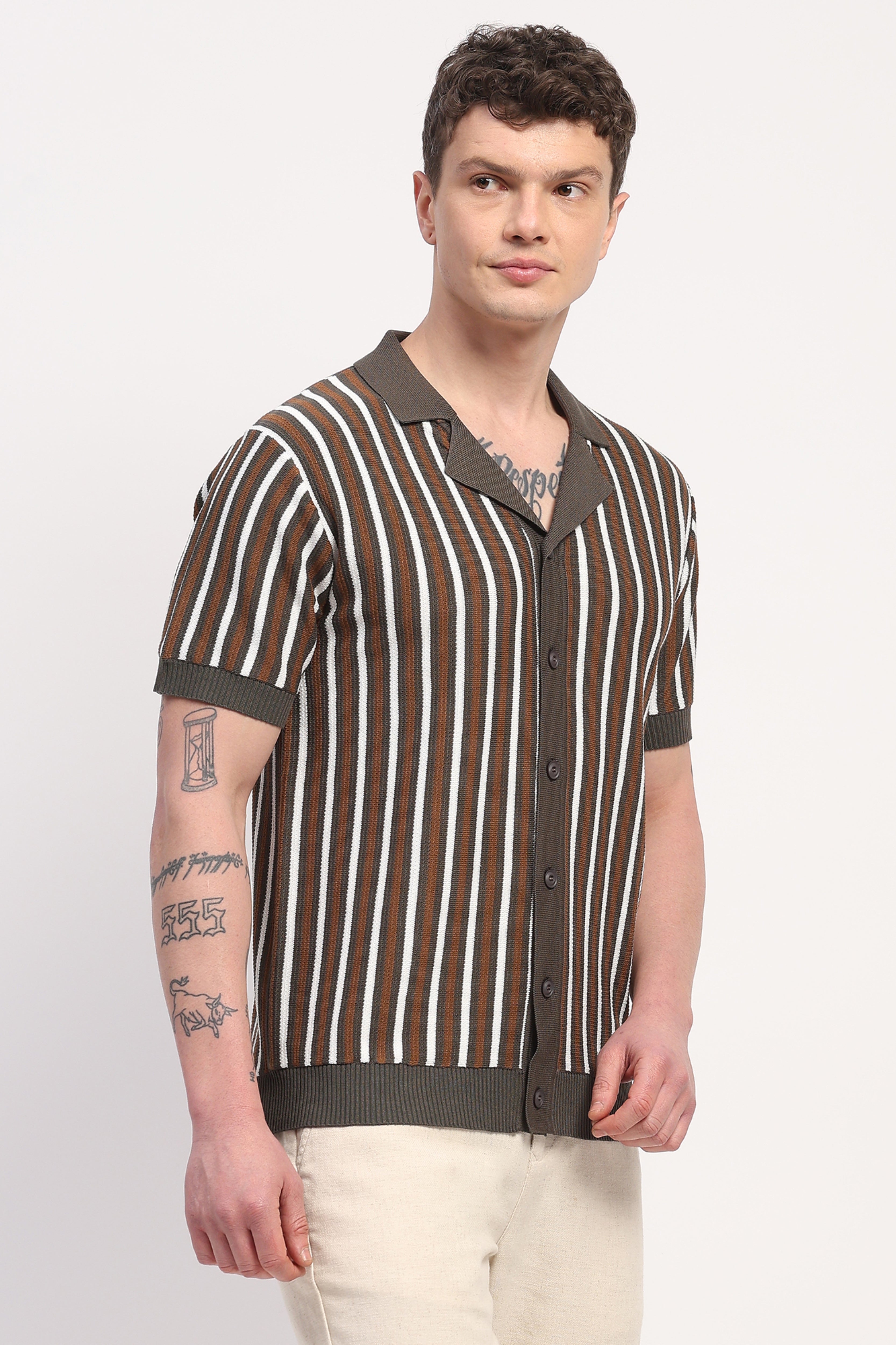 Olive Viscose Blend Striped Shirt