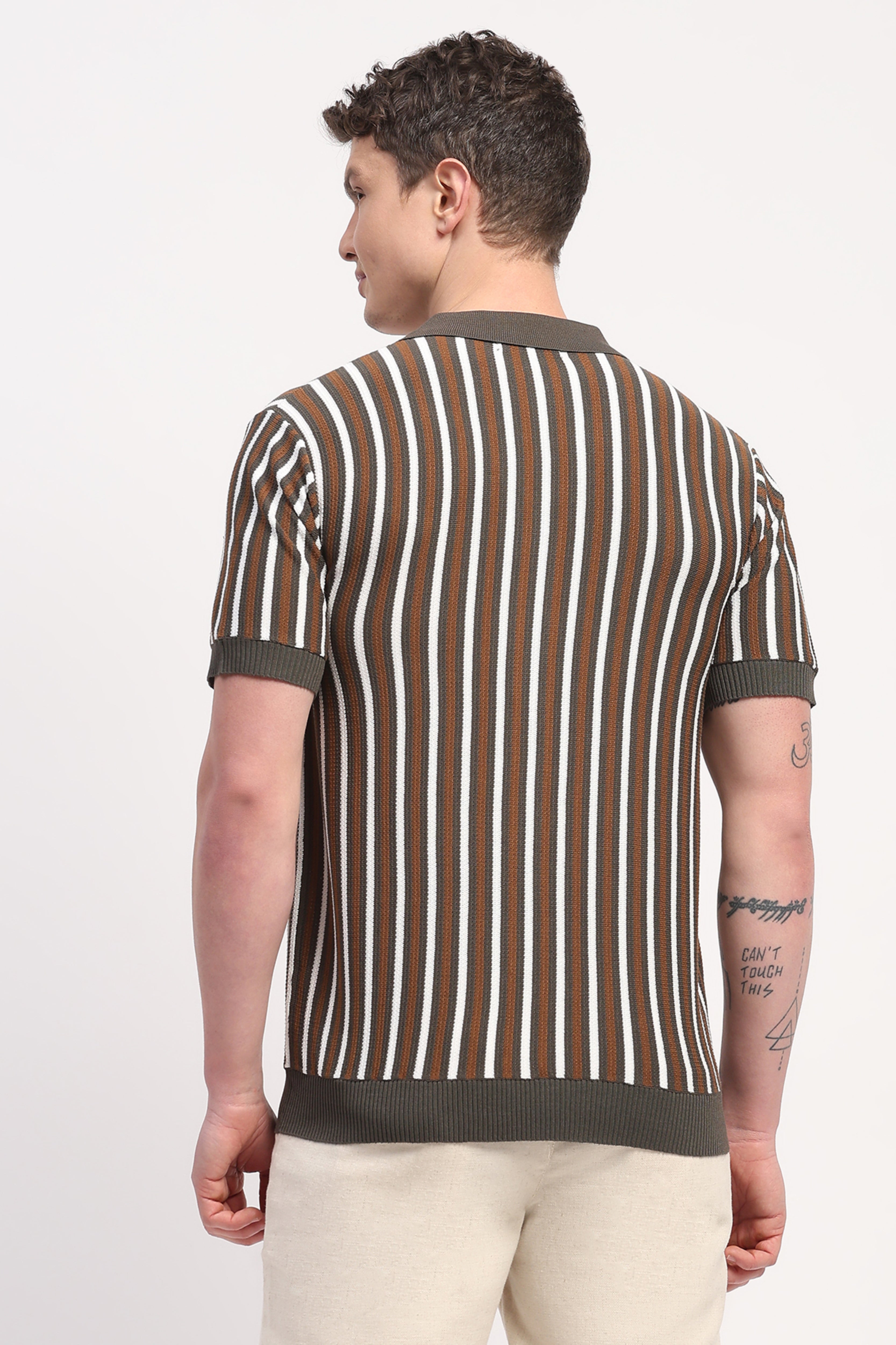 Olive Viscose Blend Striped Shirt