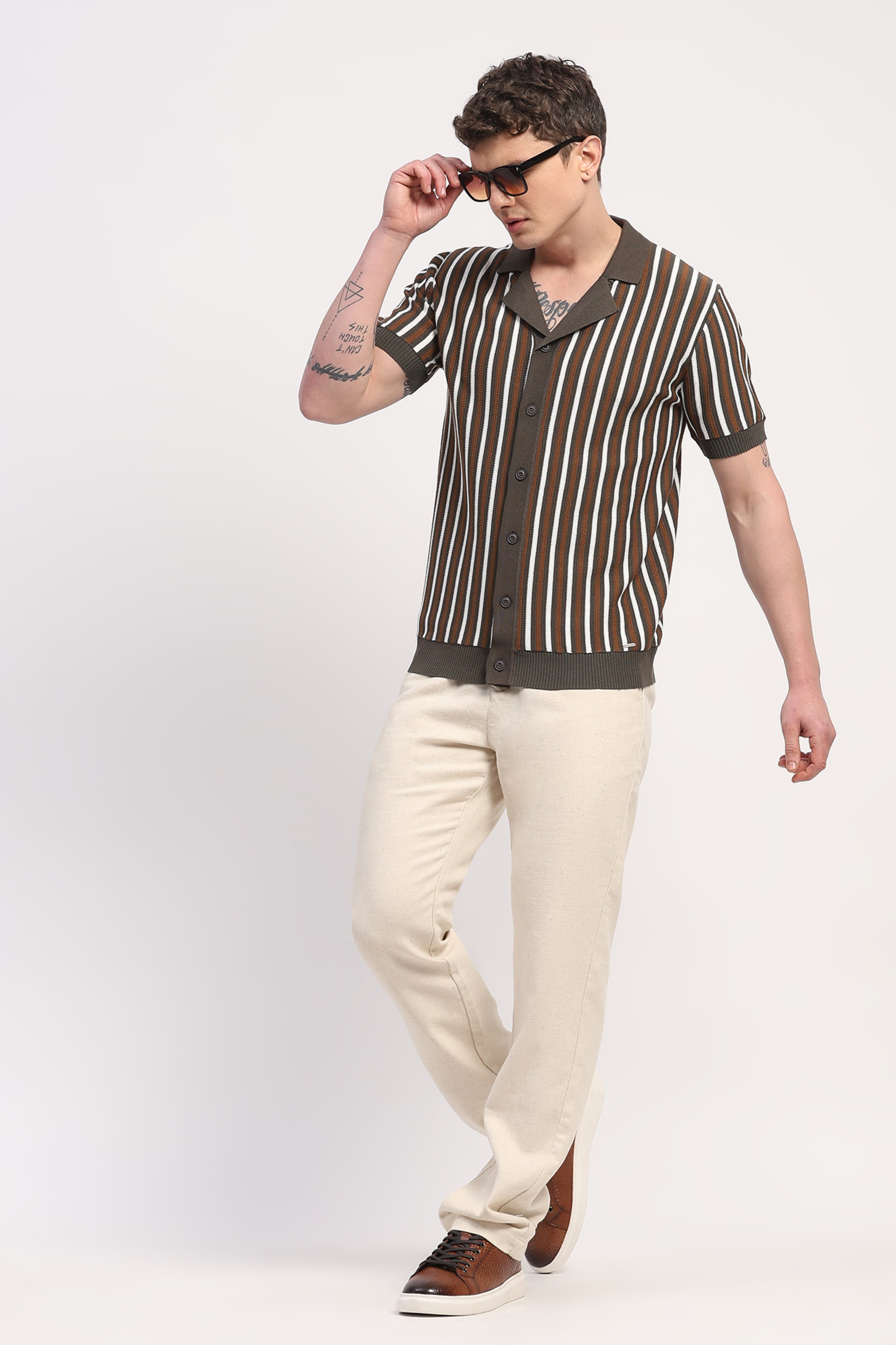 Olive Viscose Blend Striped Shirt