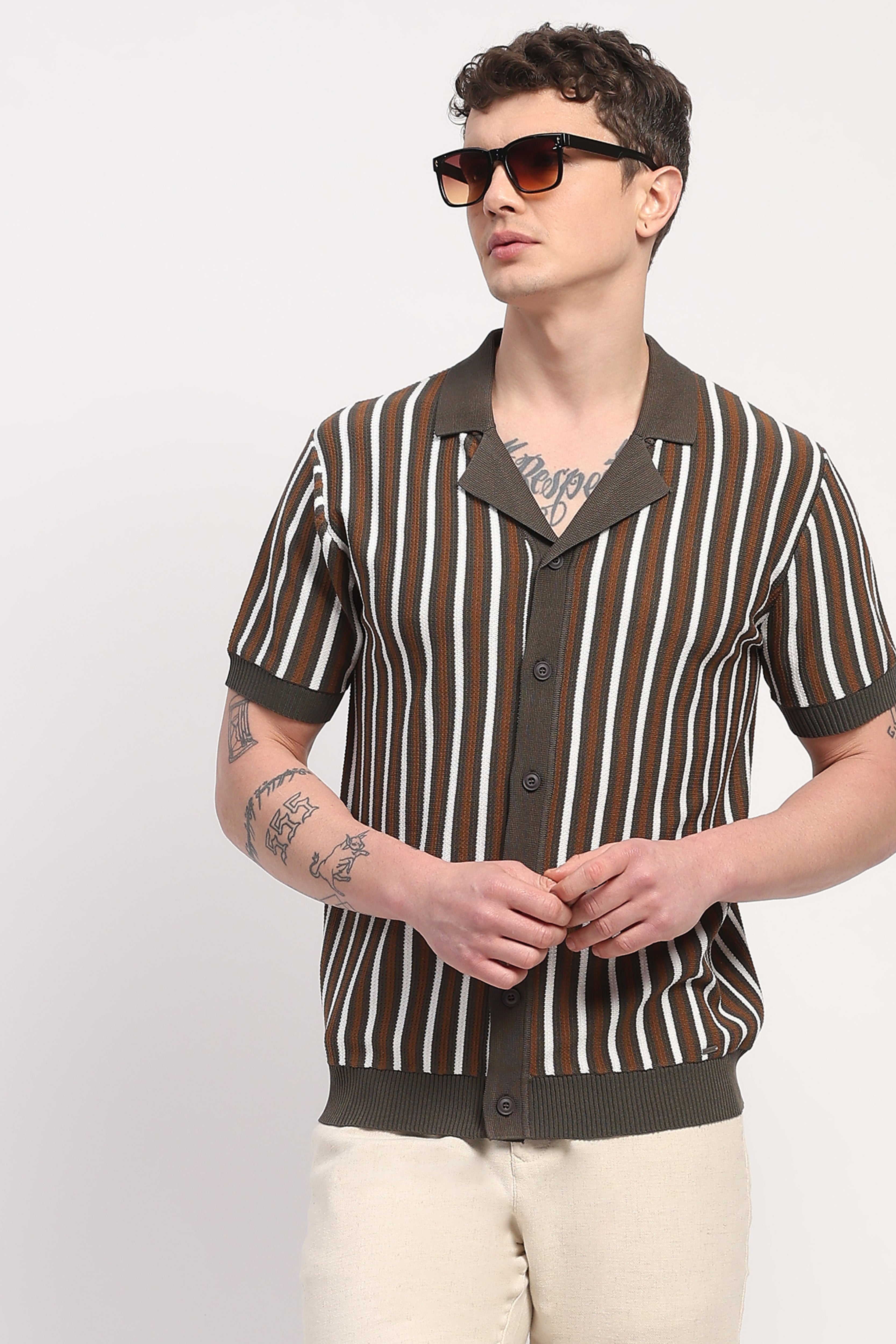 Olive Viscose Blend Striped Shirt