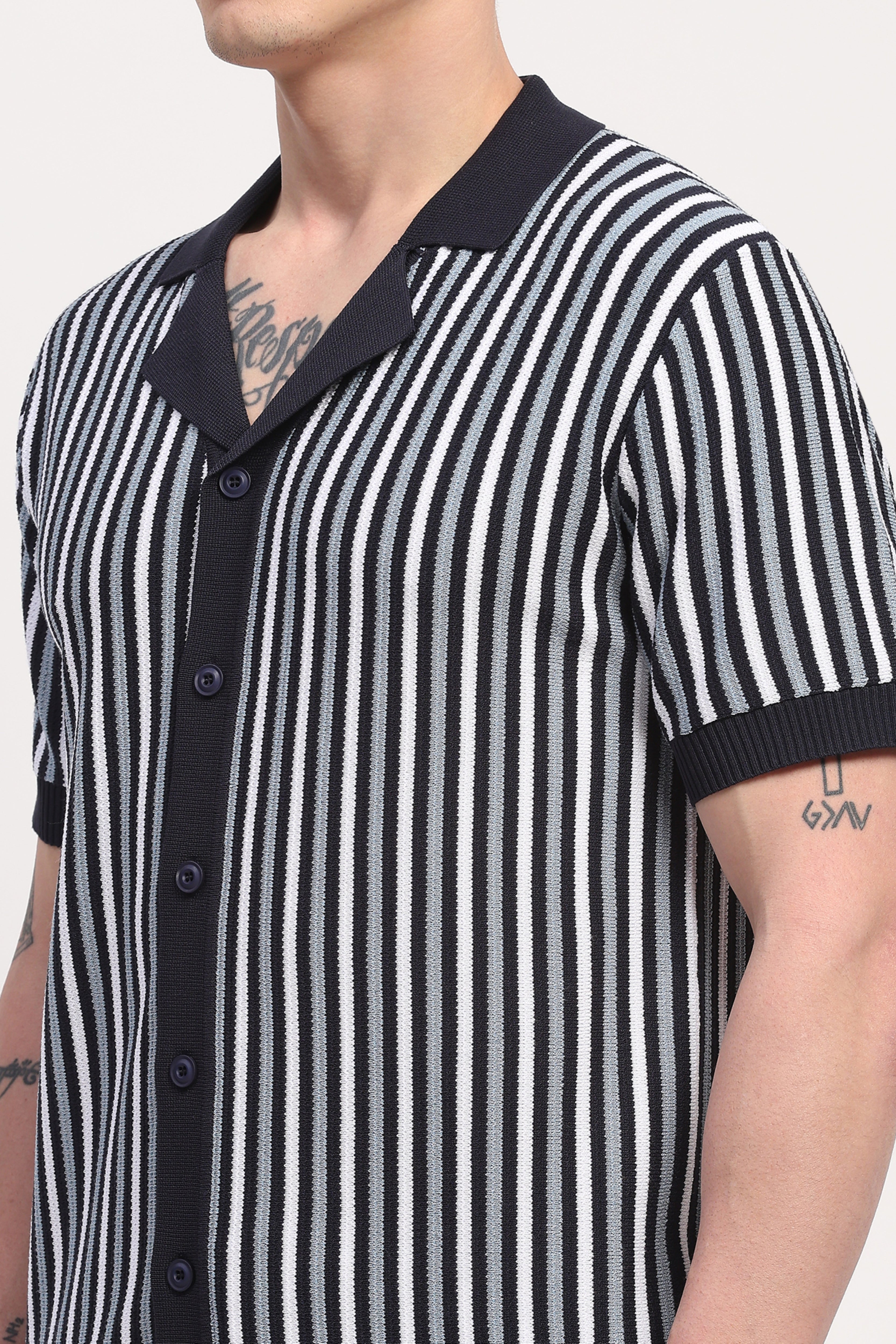 Navy Blue Viscose Blend Striped Shirt