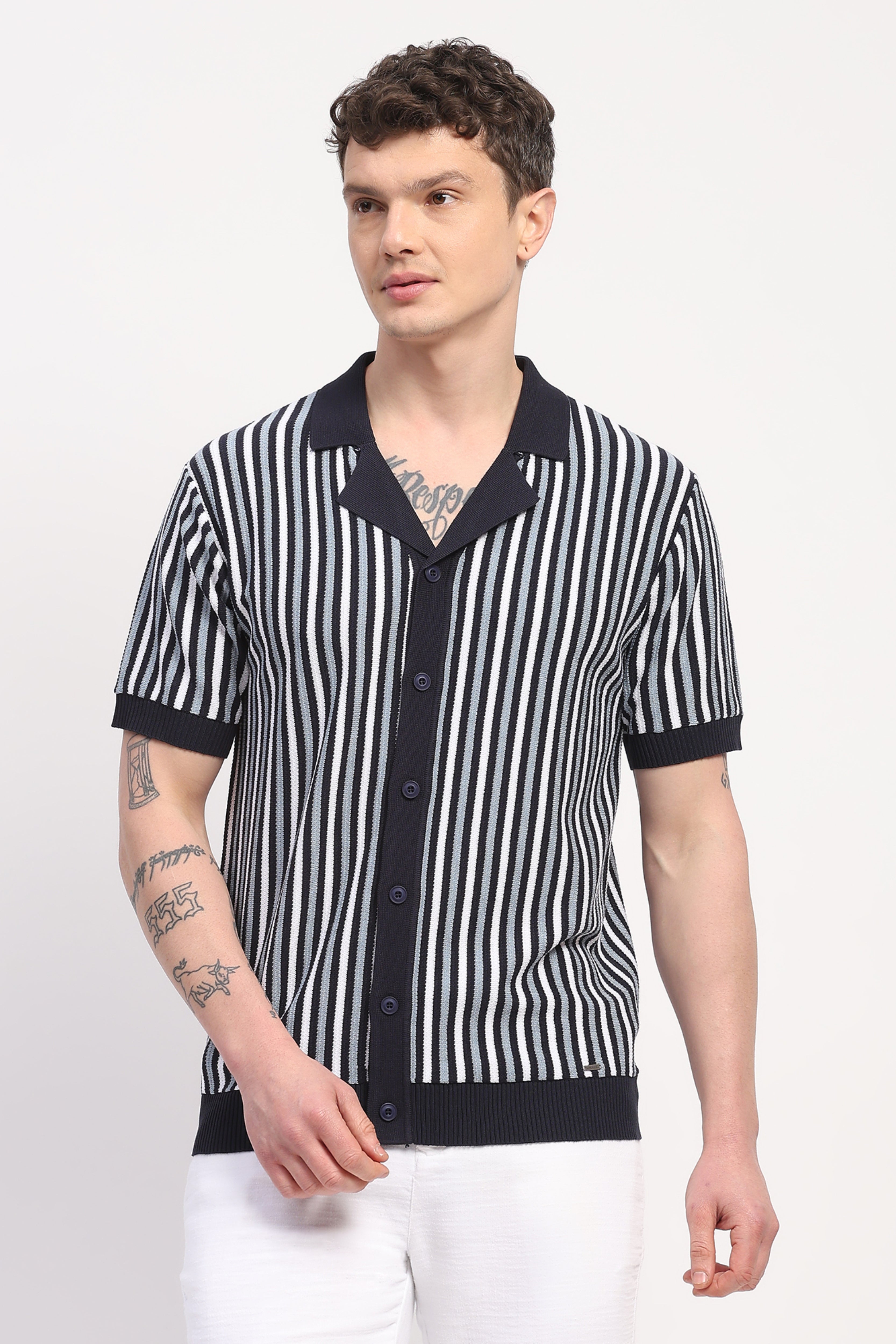 Navy Blue Viscose Blend Striped Shirt