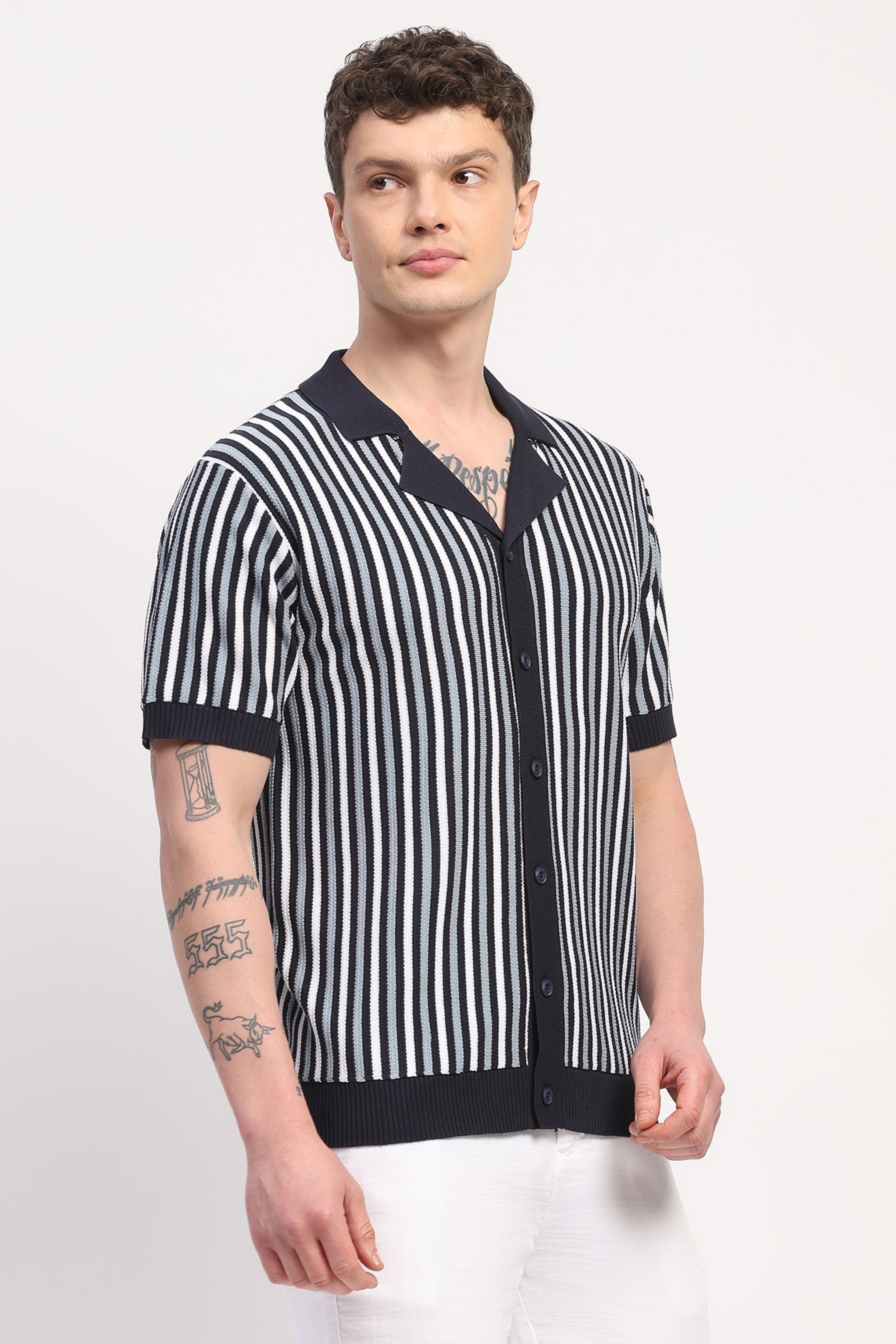 Navy Blue Viscose Blend Striped Shirt