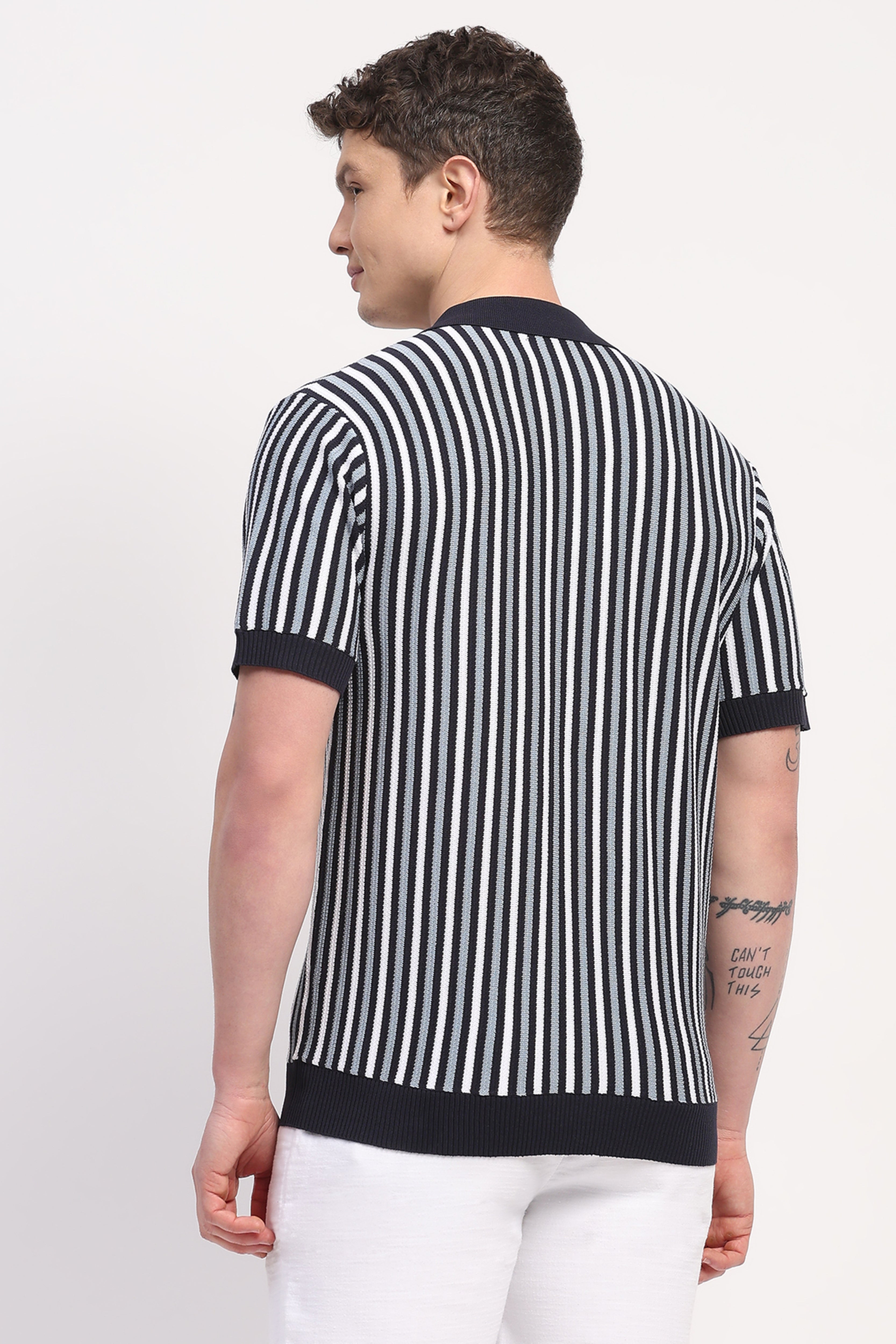 Navy Blue Viscose Blend Striped Shirt