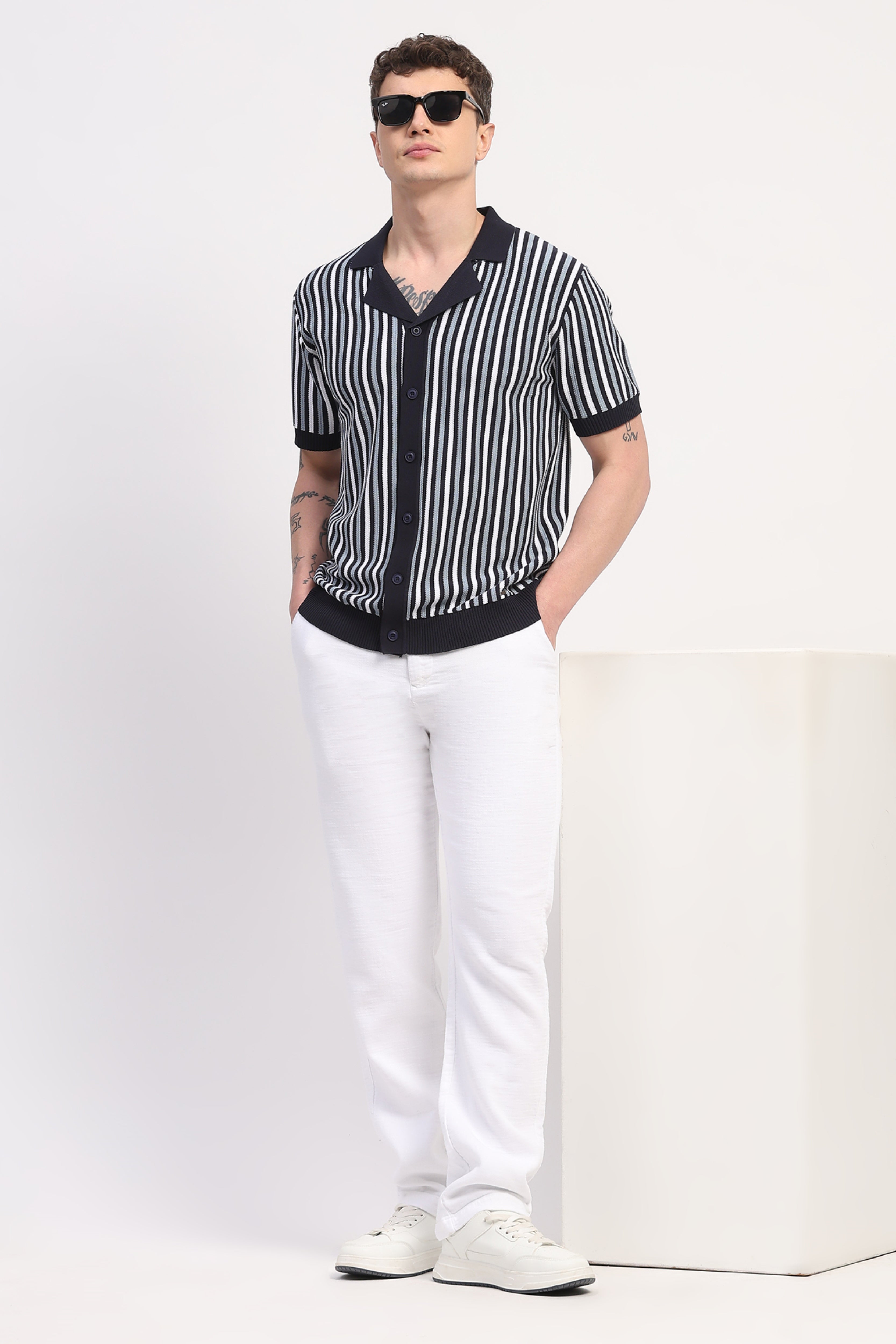 Navy Blue Viscose Blend Striped Shirt