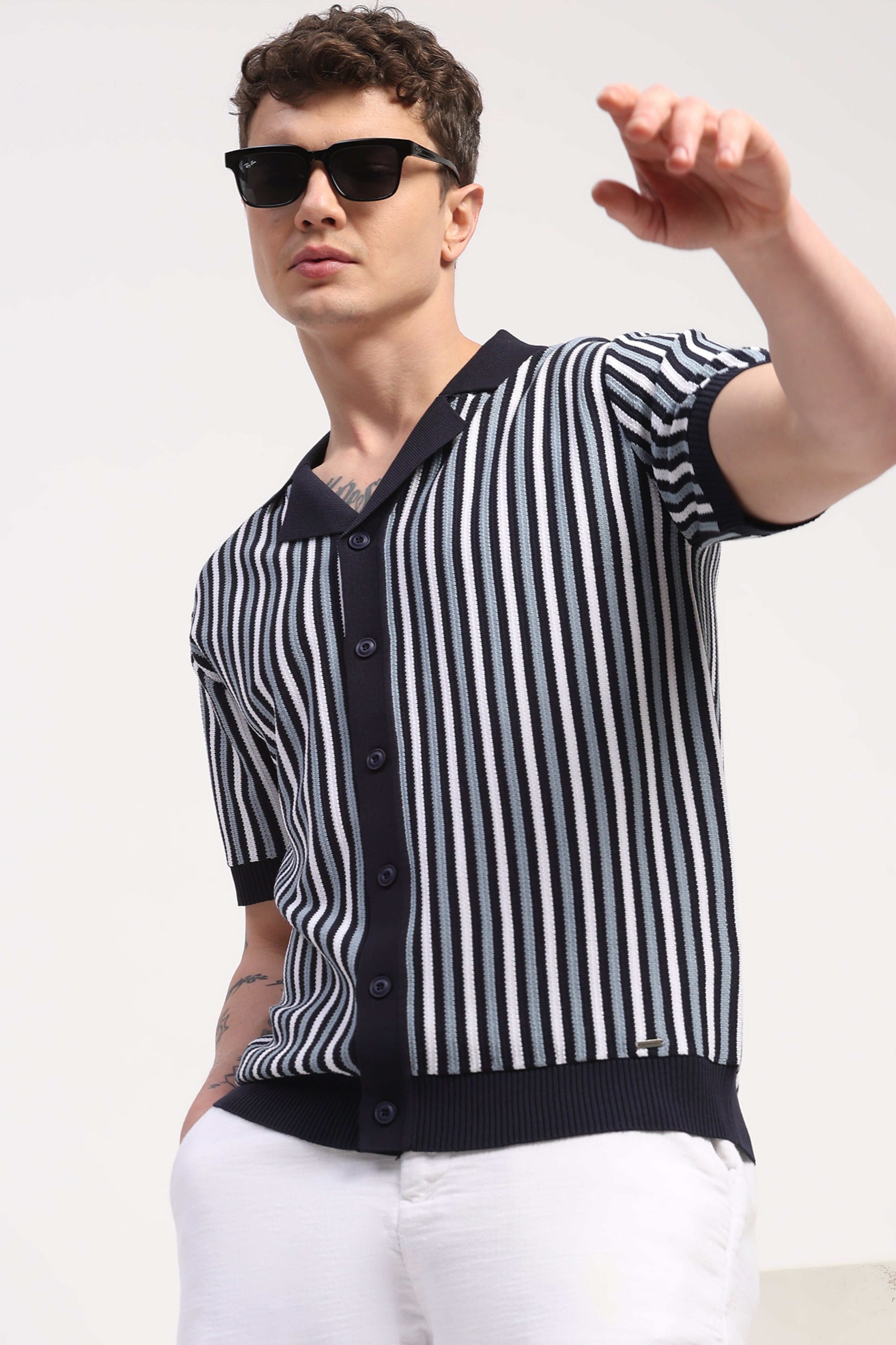 Navy Blue Viscose Blend Striped Shirt