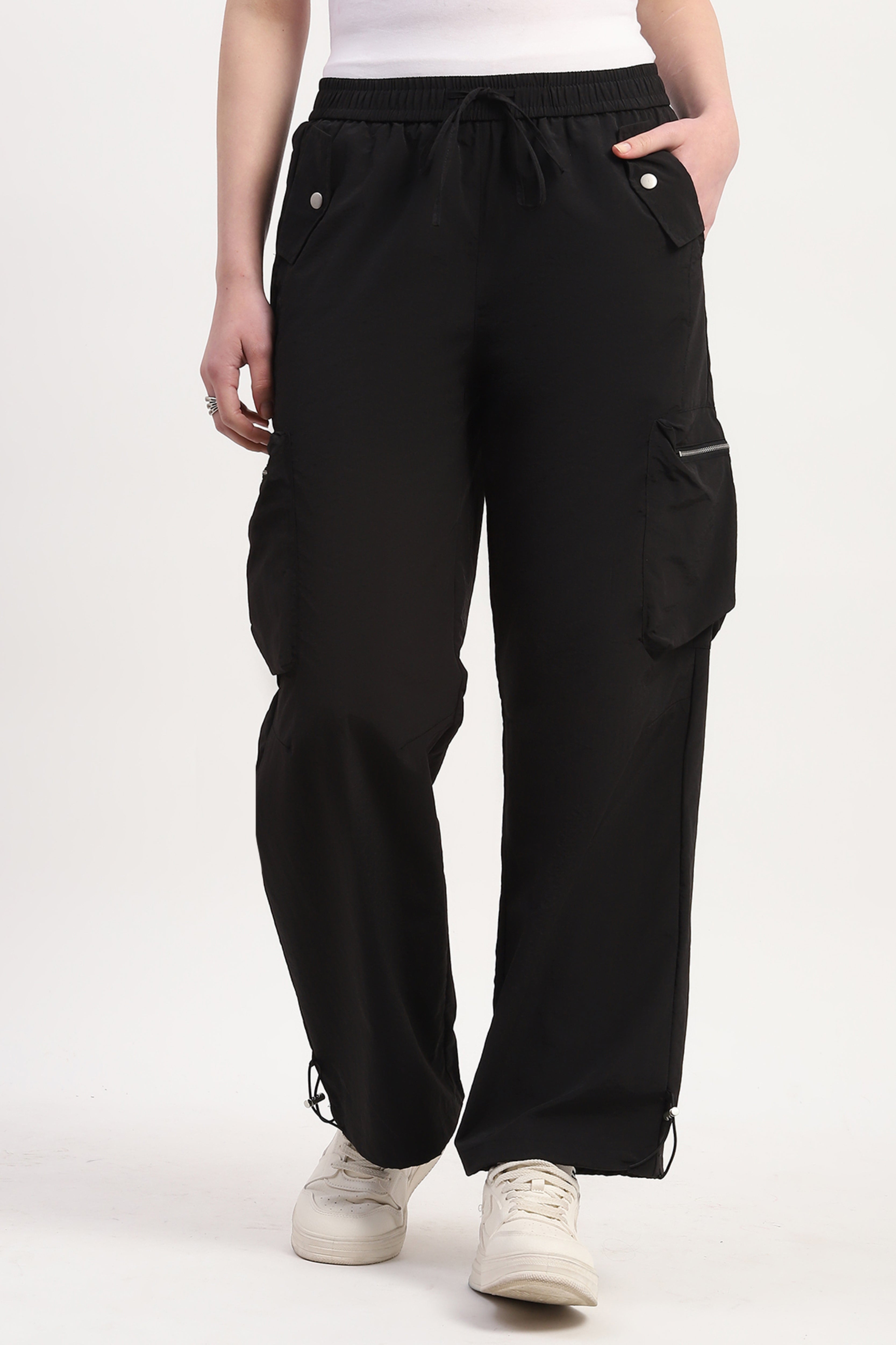 Black Polyester Solid Trouser