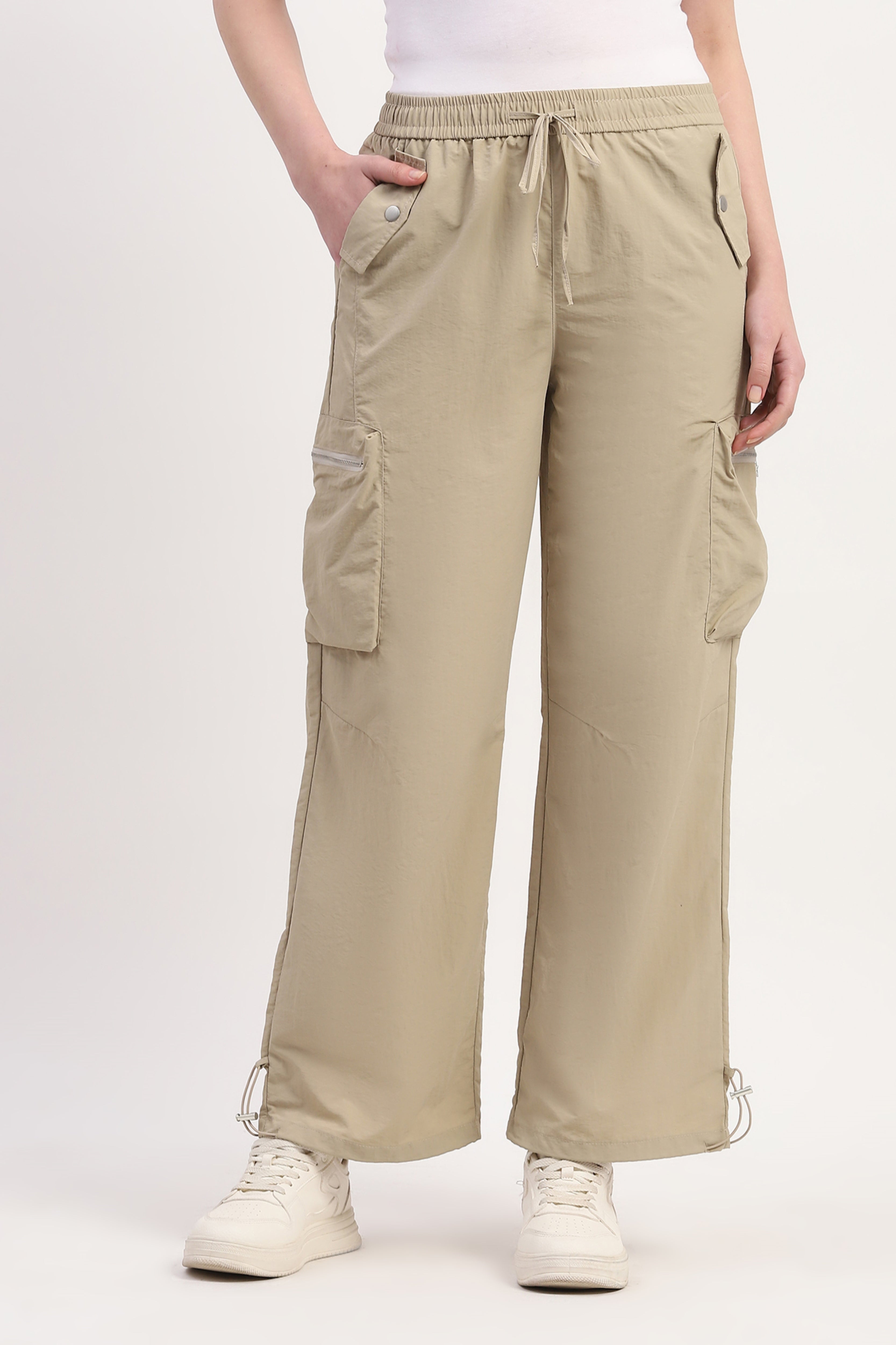 Beige Polyester Solid Trouser