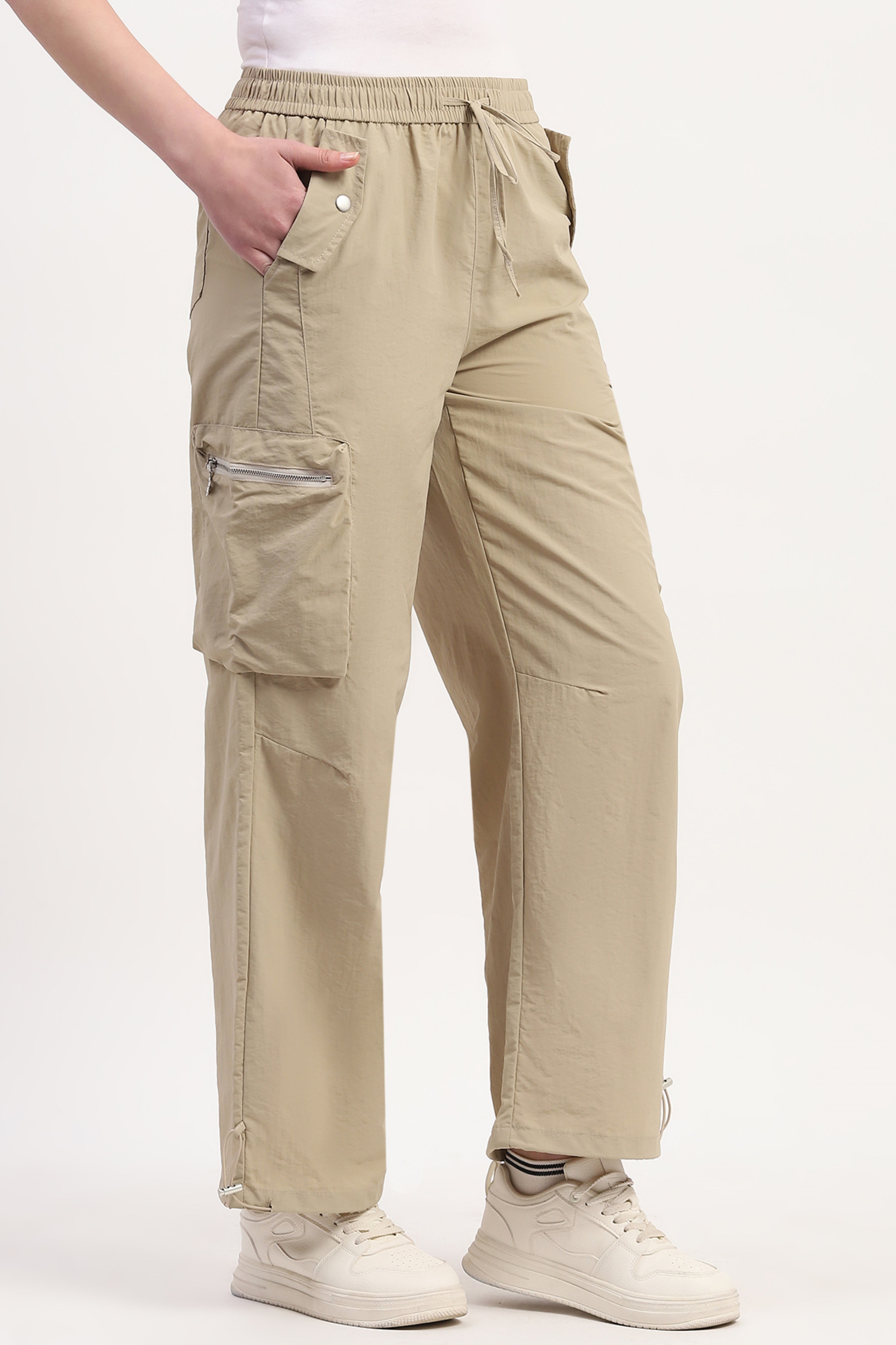 Beige Polyester Solid Trouser