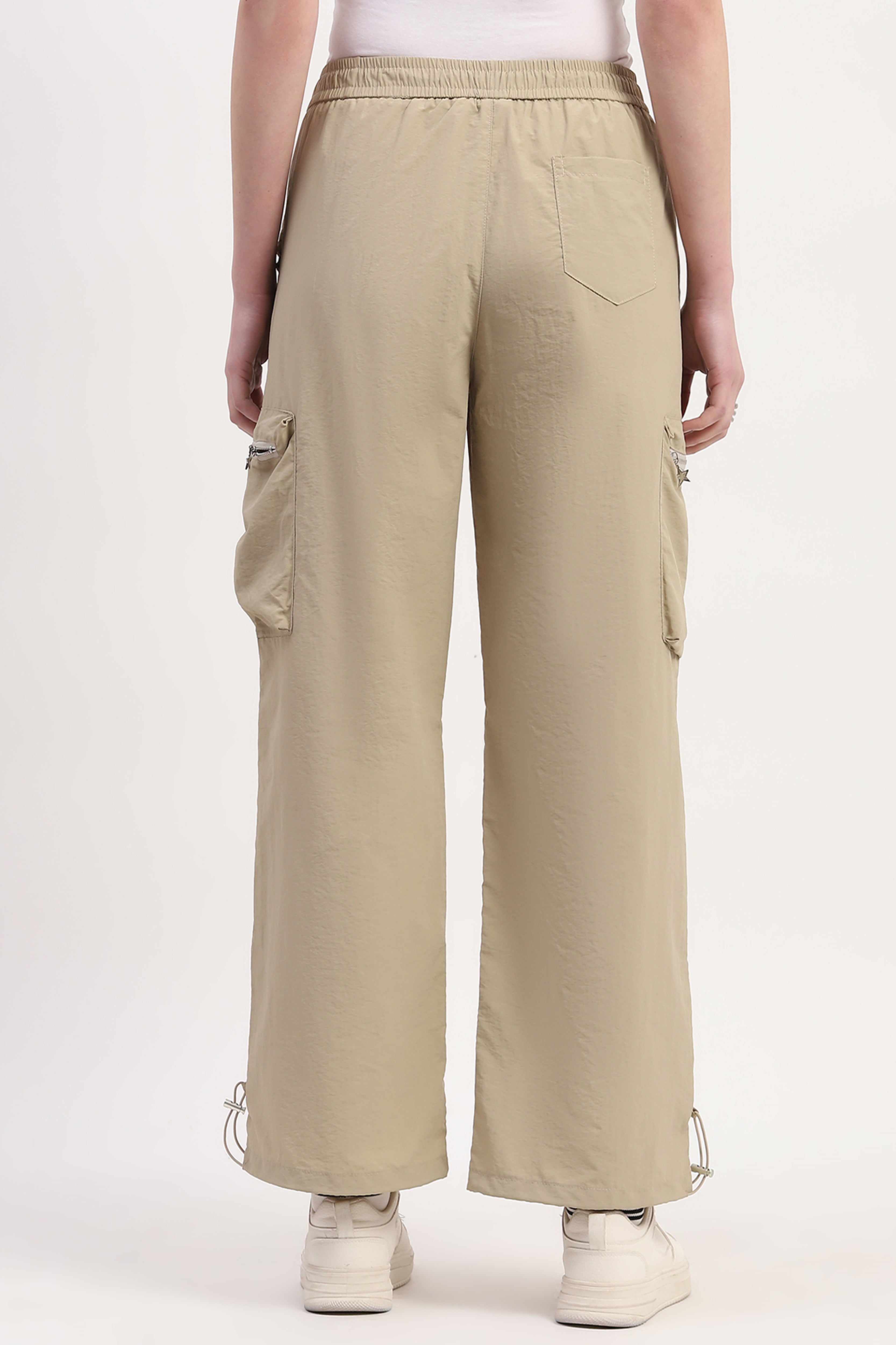 Beige Polyester Solid Trouser