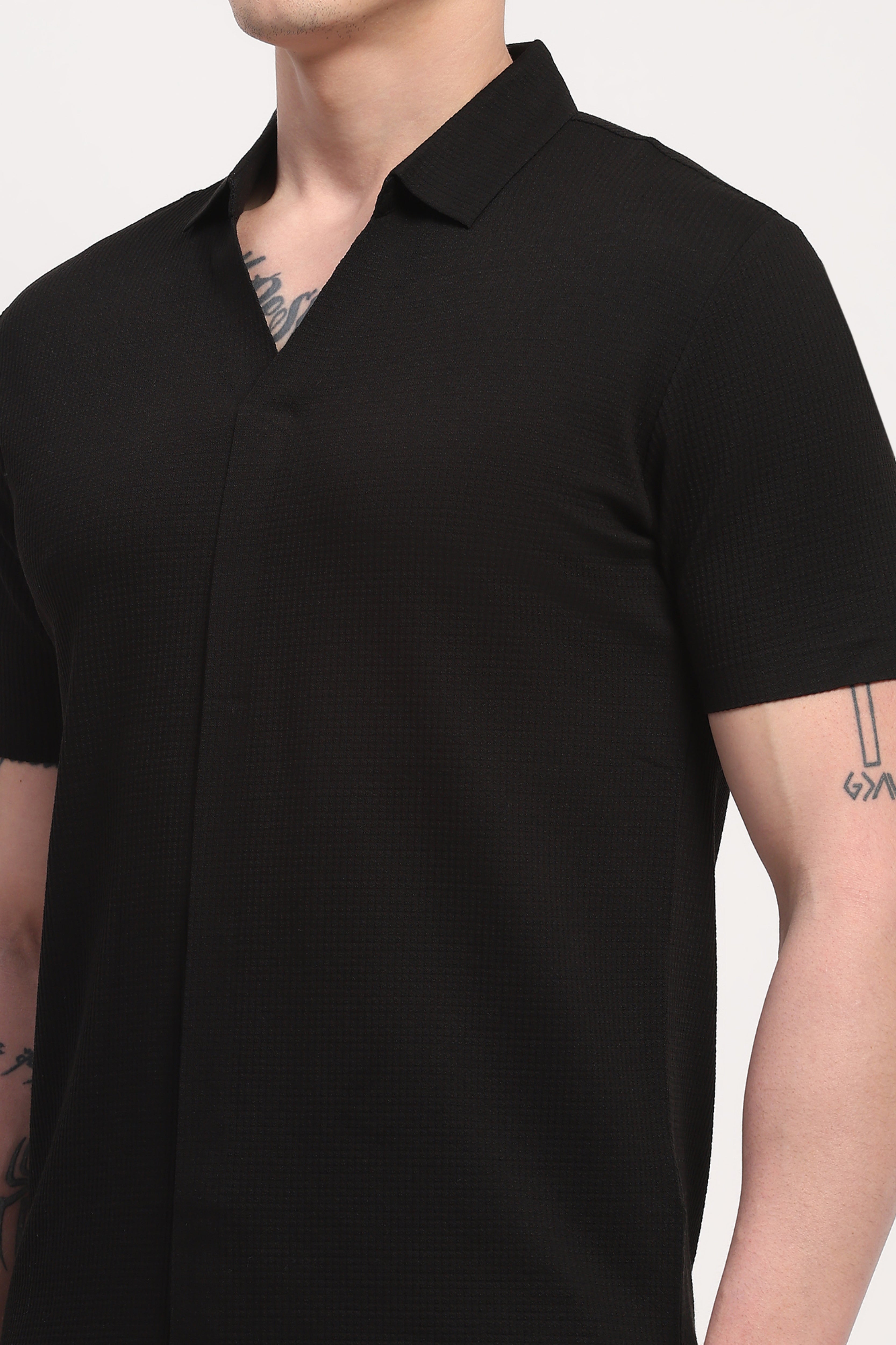 Black Viscose Blend Self Design T-Shirt