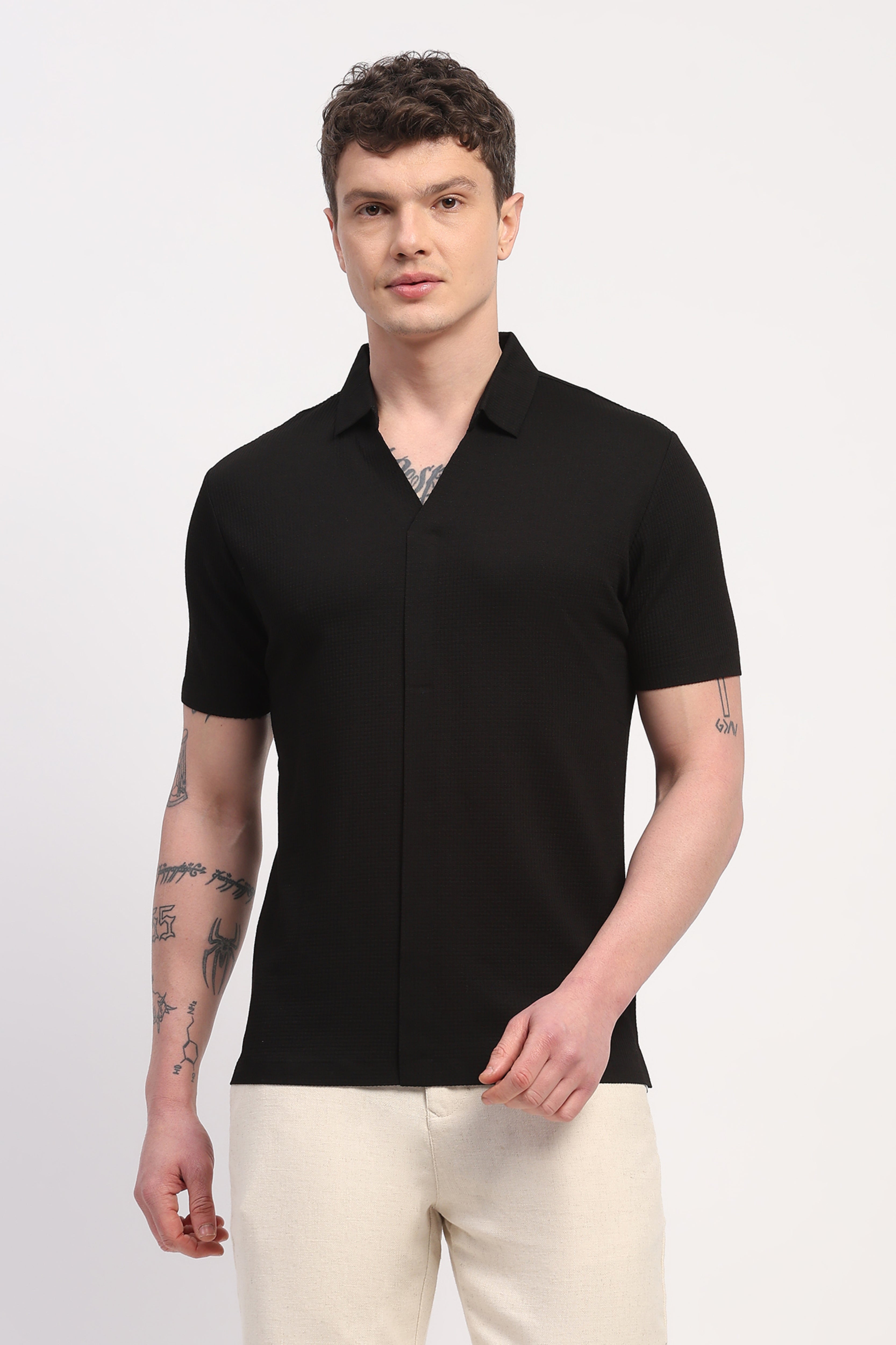 Black Viscose Blend Self Design T-Shirt