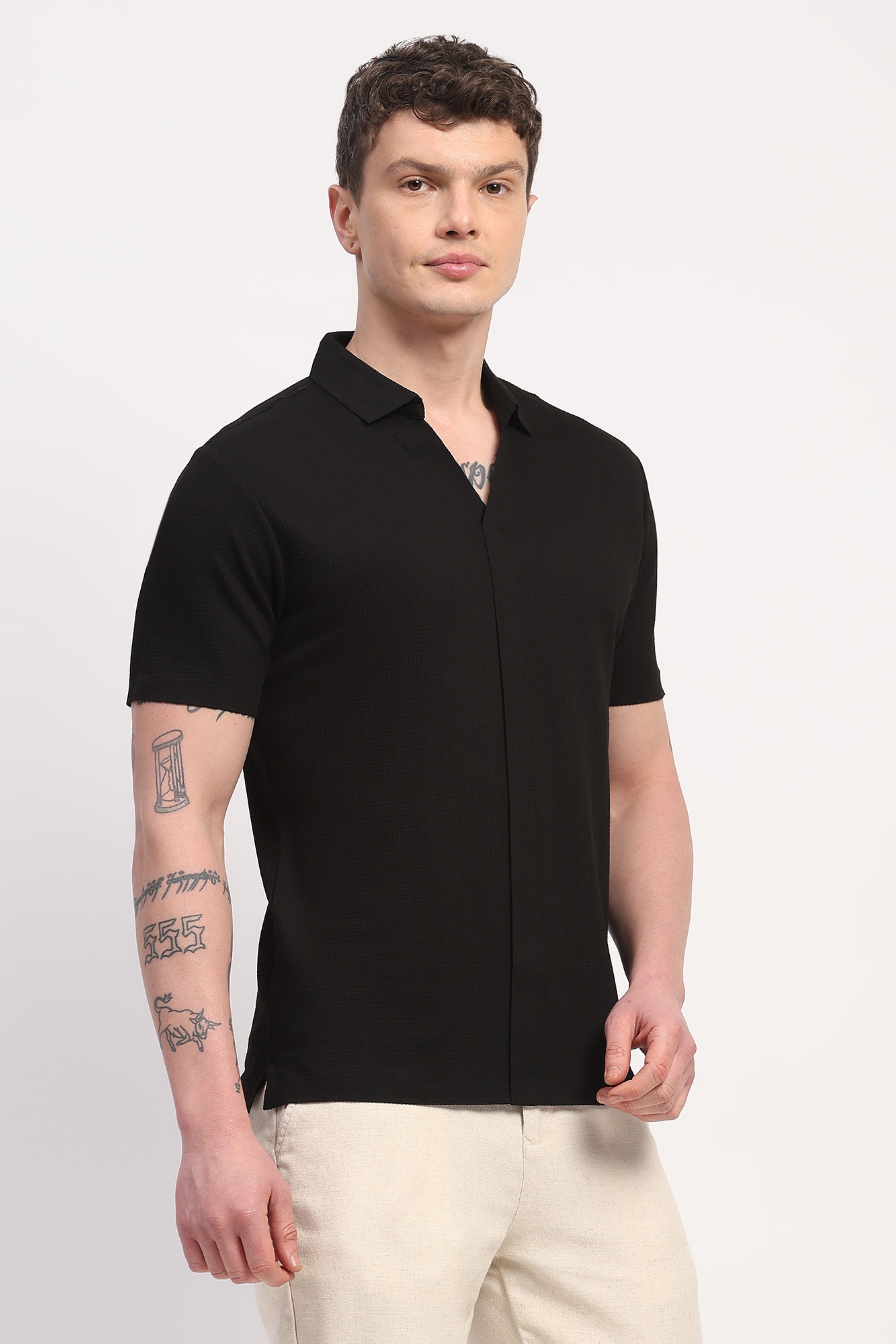 Black Viscose Blend Self Design T-Shirt