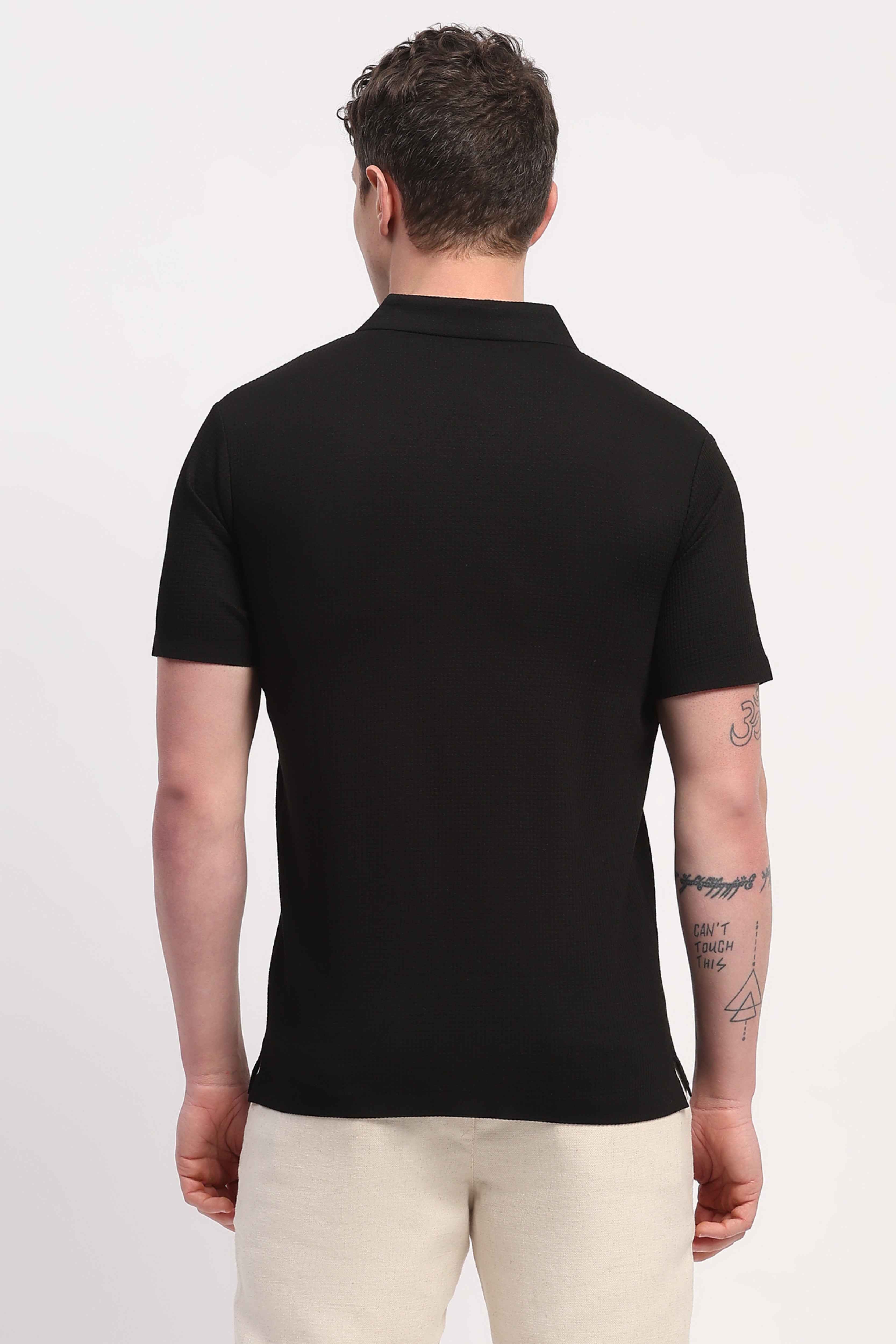Black Viscose Blend Self Design T-Shirt