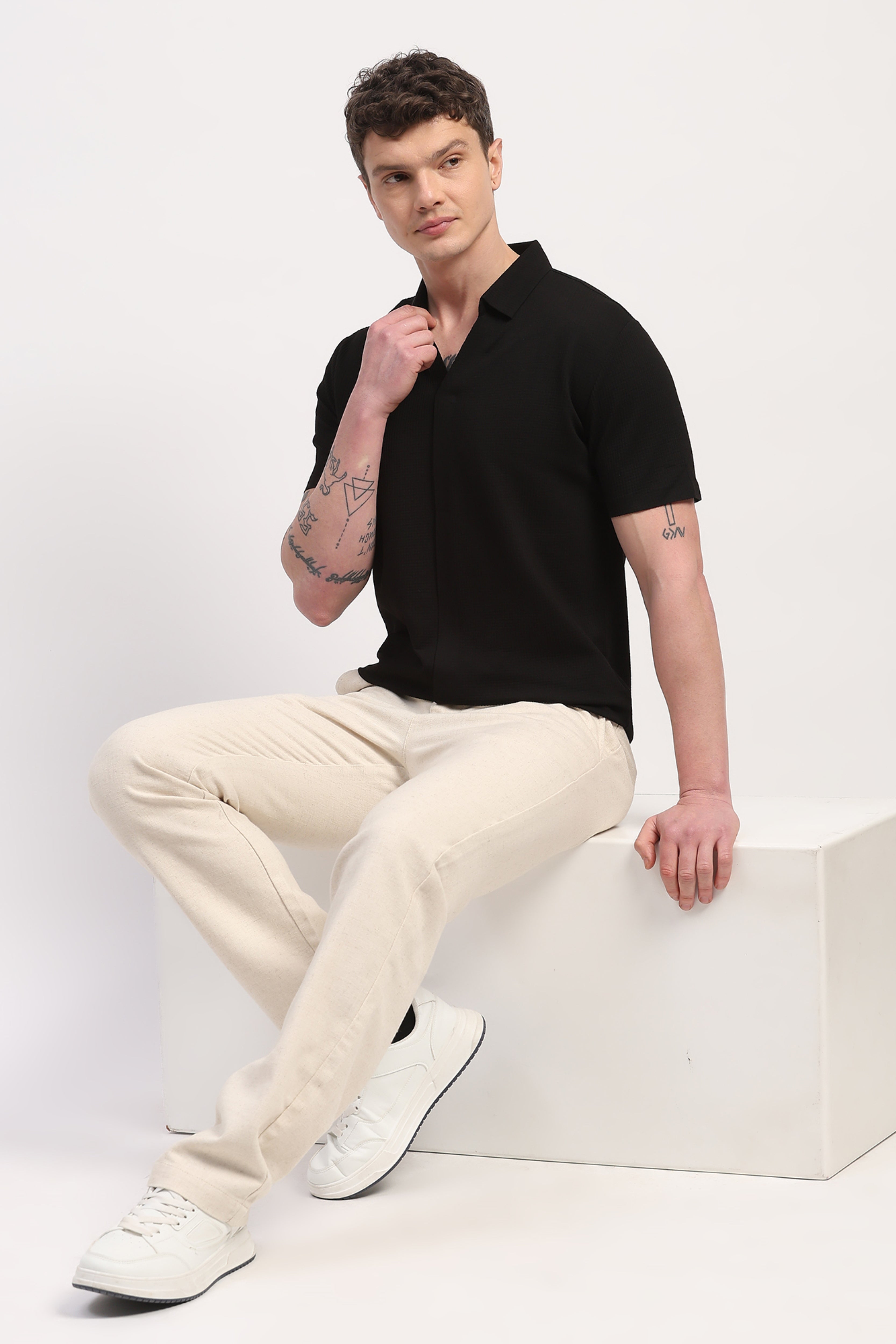 Black Viscose Blend Self Design T-Shirt