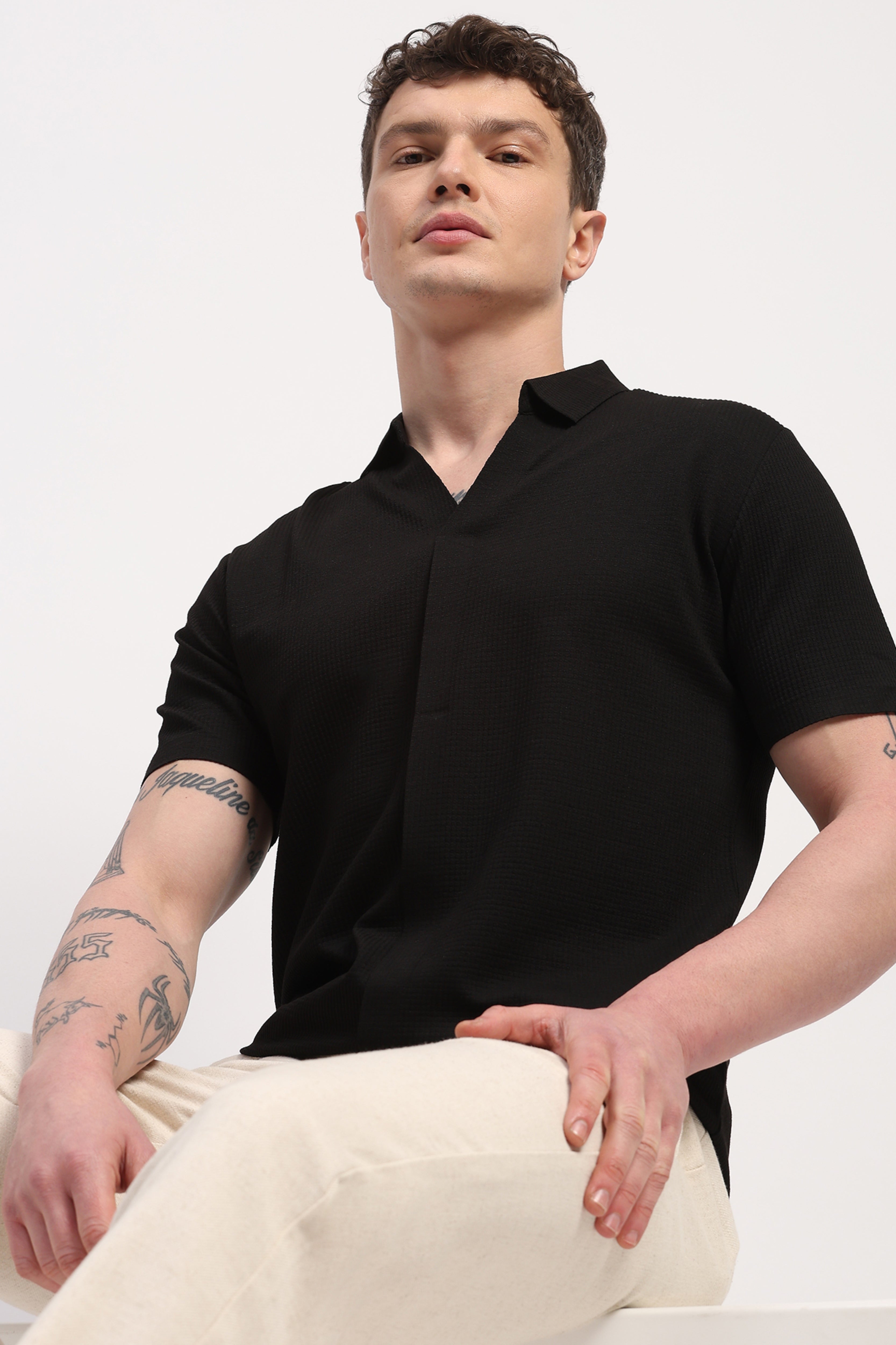 Black Viscose Blend Self Design T-Shirt