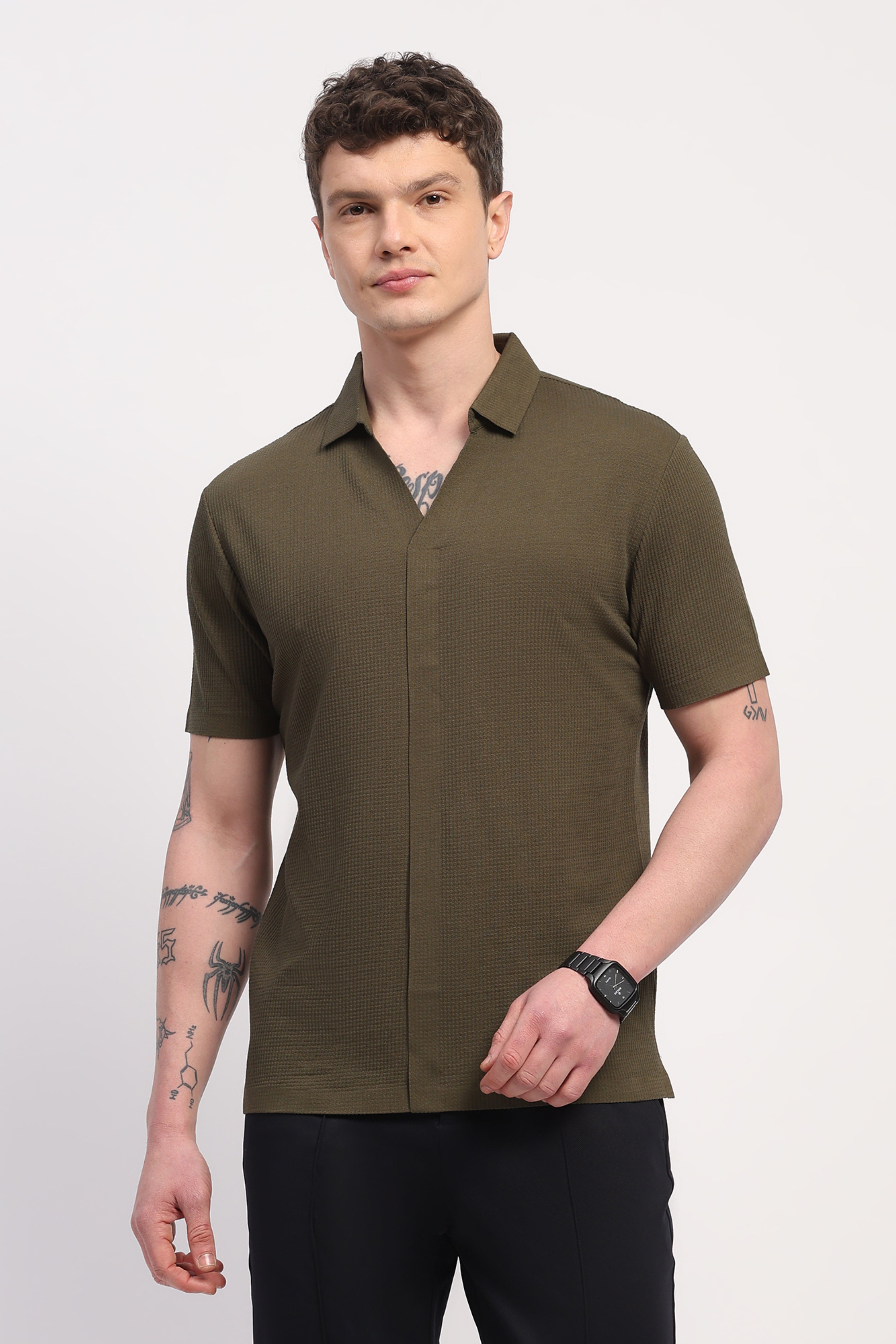 Olive Viscose Blend Self Design T-Shirt
