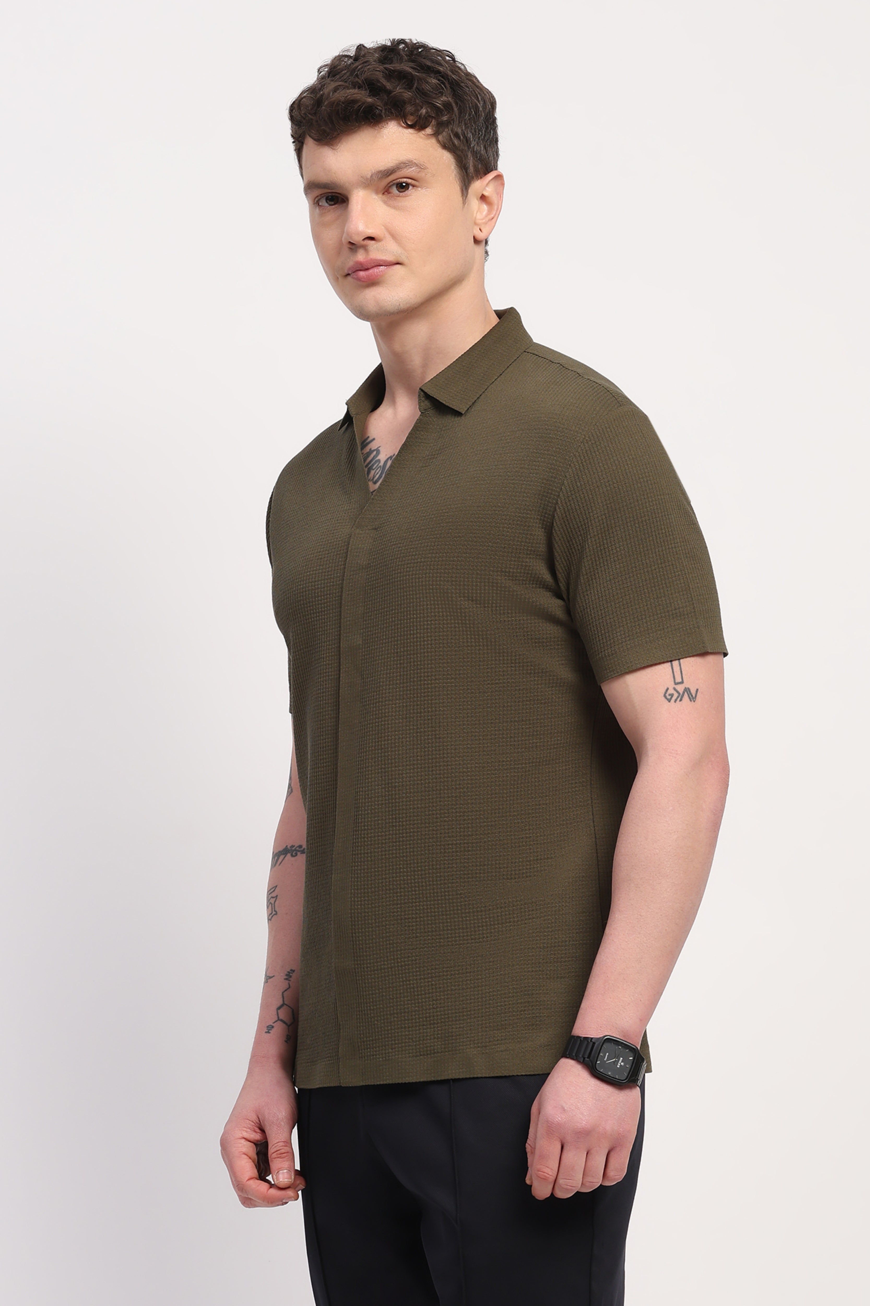 Olive Viscose Blend Self Design T-Shirt