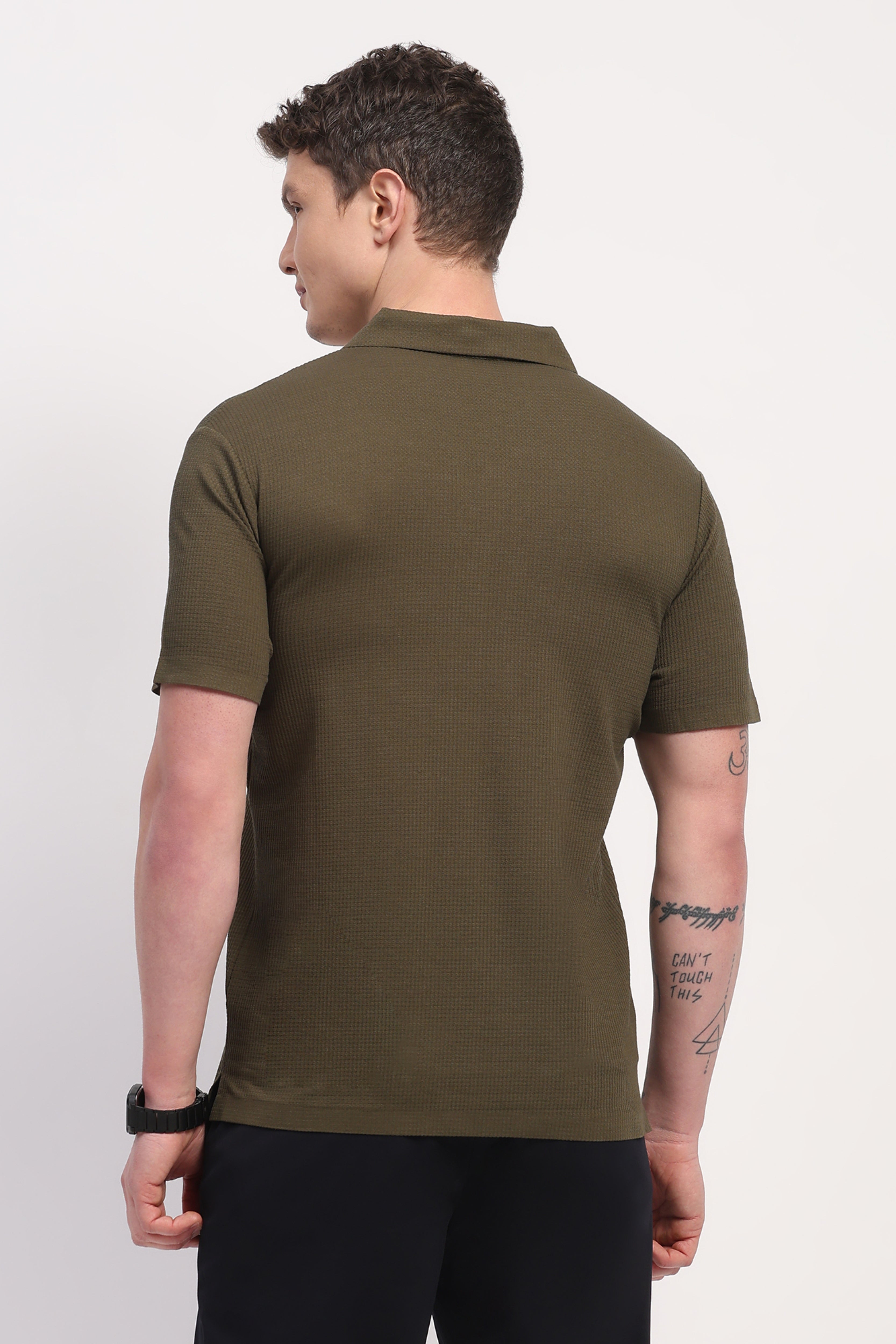 Olive Viscose Blend Self Design T-Shirt