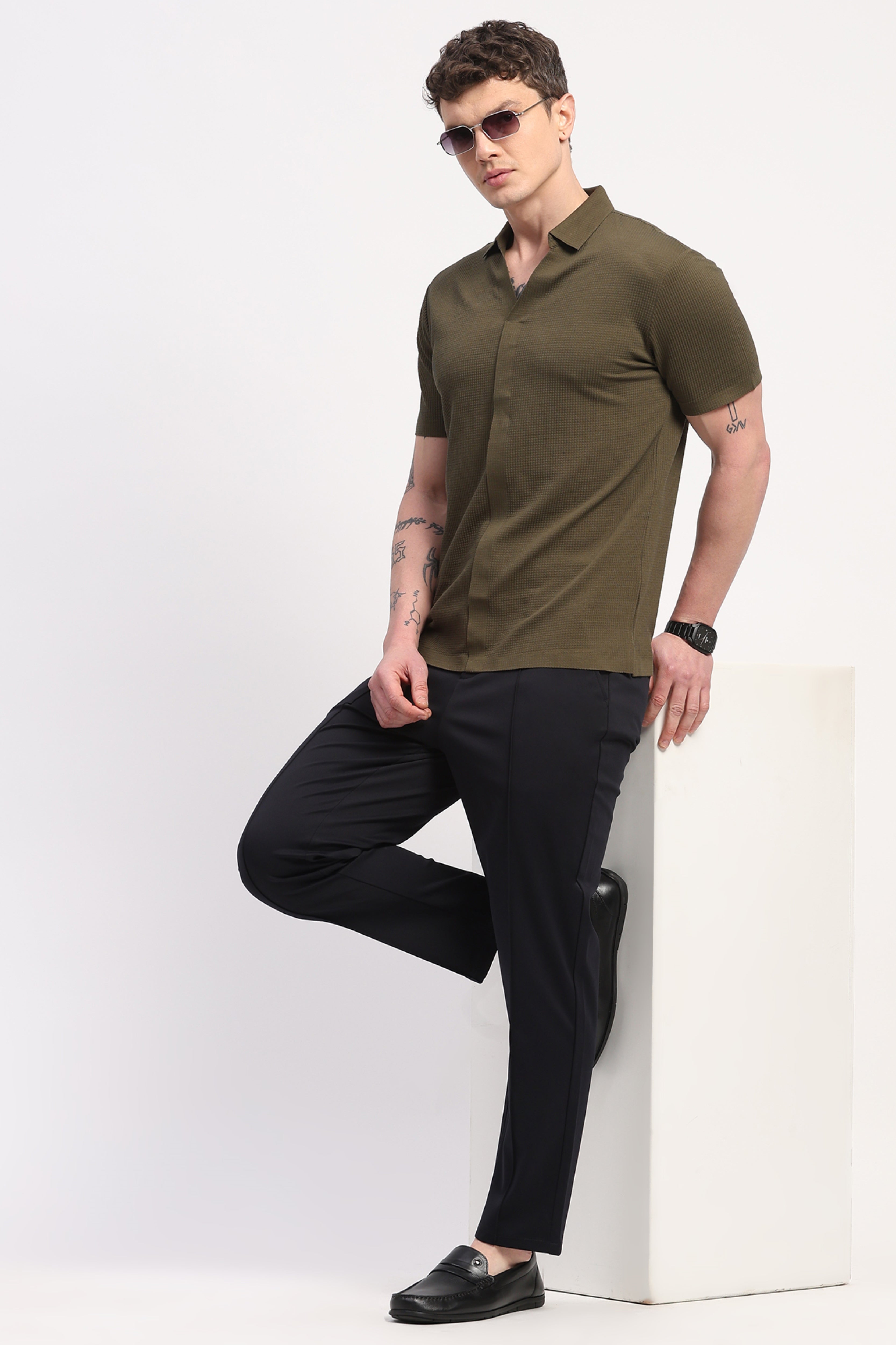 Olive Viscose Blend Self Design T-Shirt
