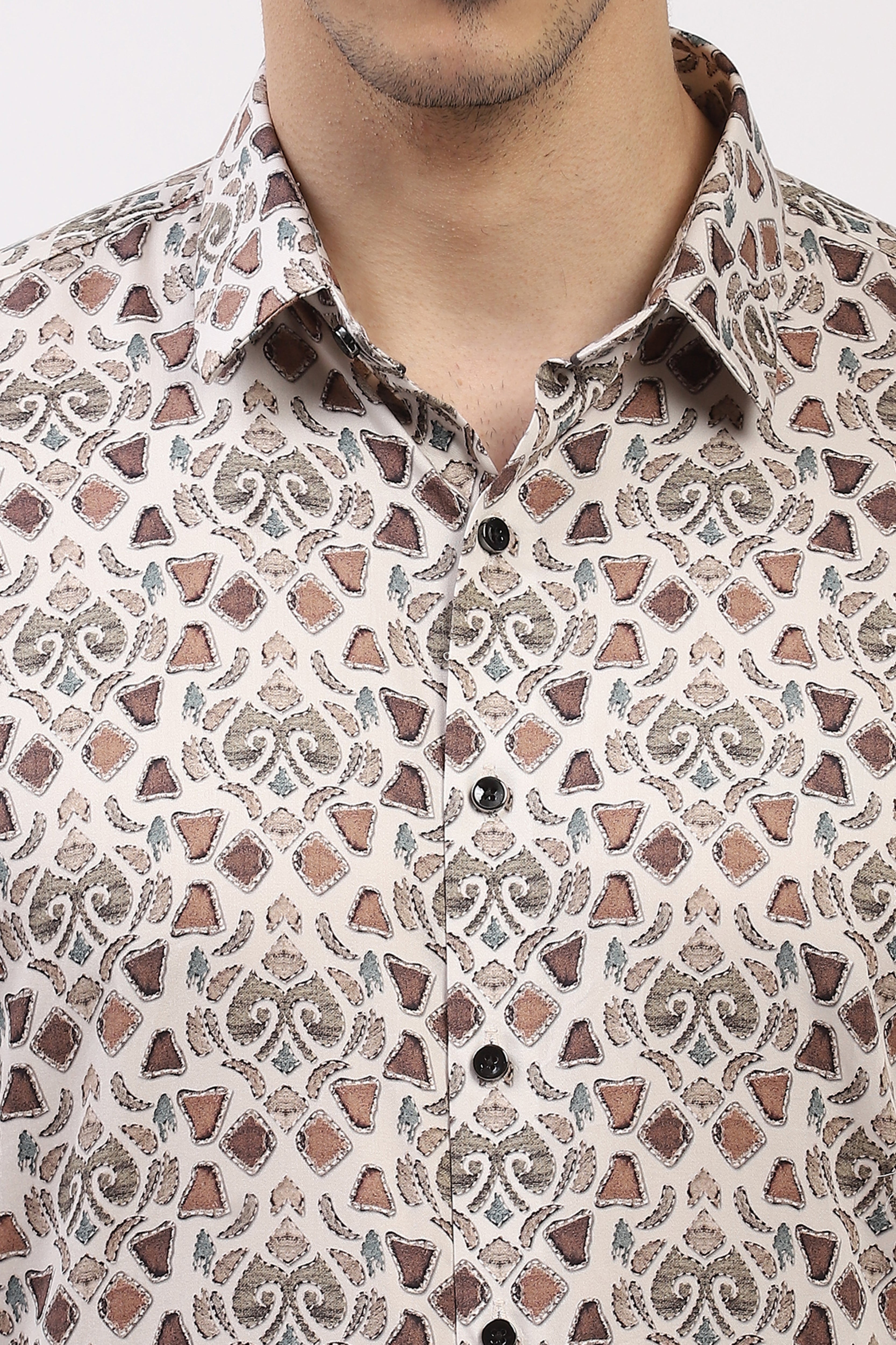 Cream Abstract Print Cotton Blend Shirt