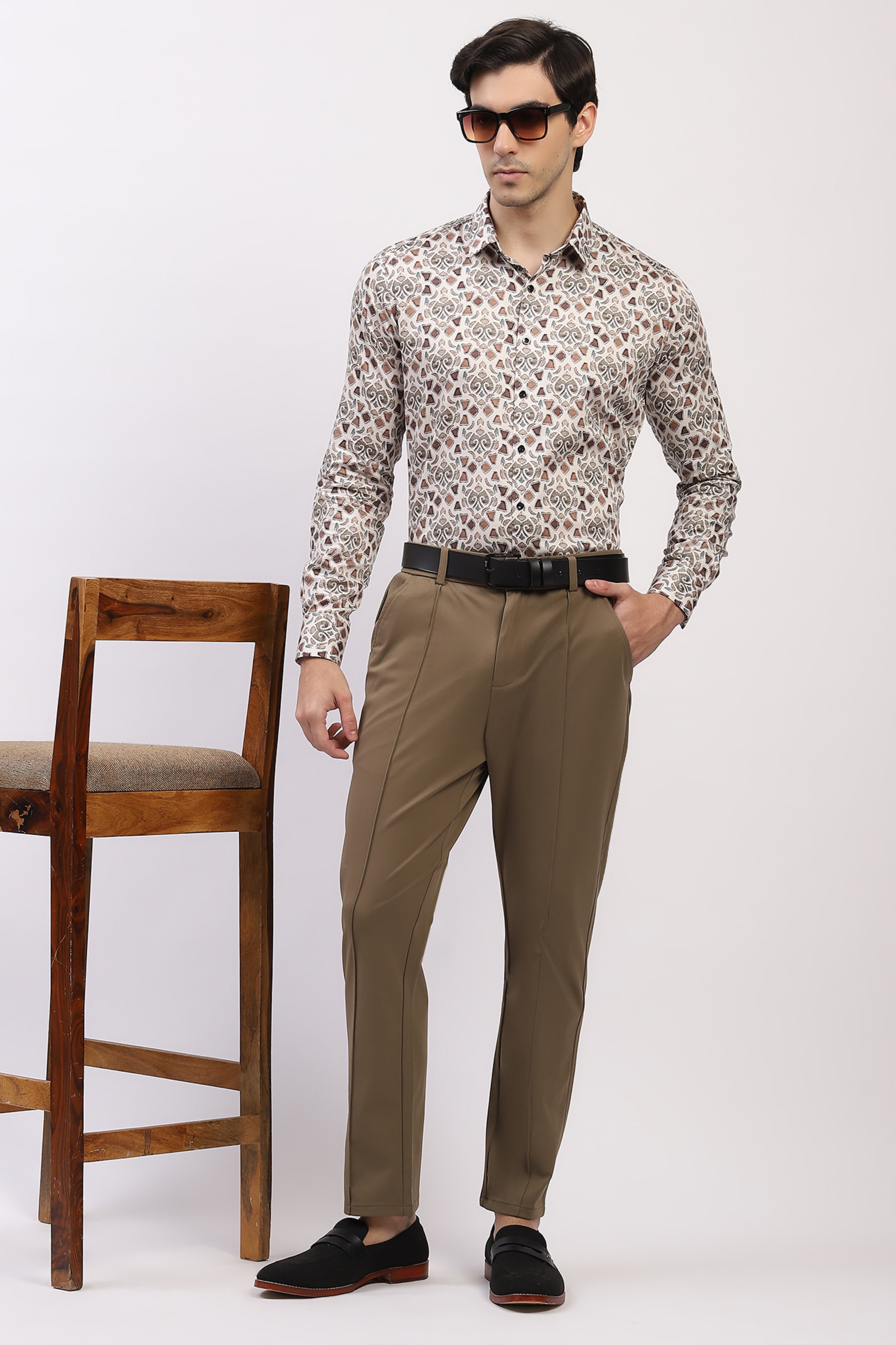 Cream Abstract Print Cotton Blend Shirt