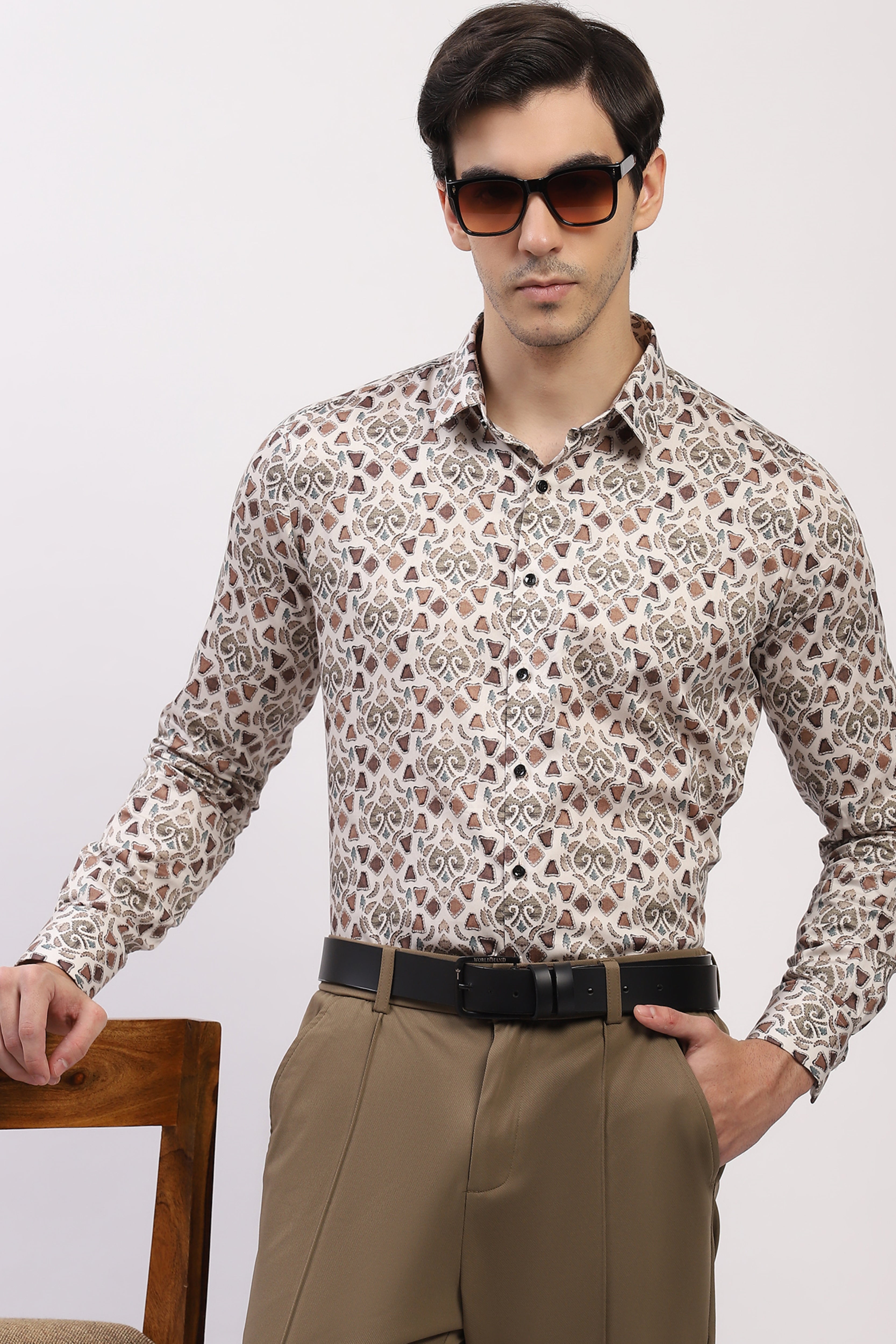 Cream Abstract Print Cotton Blend Shirt