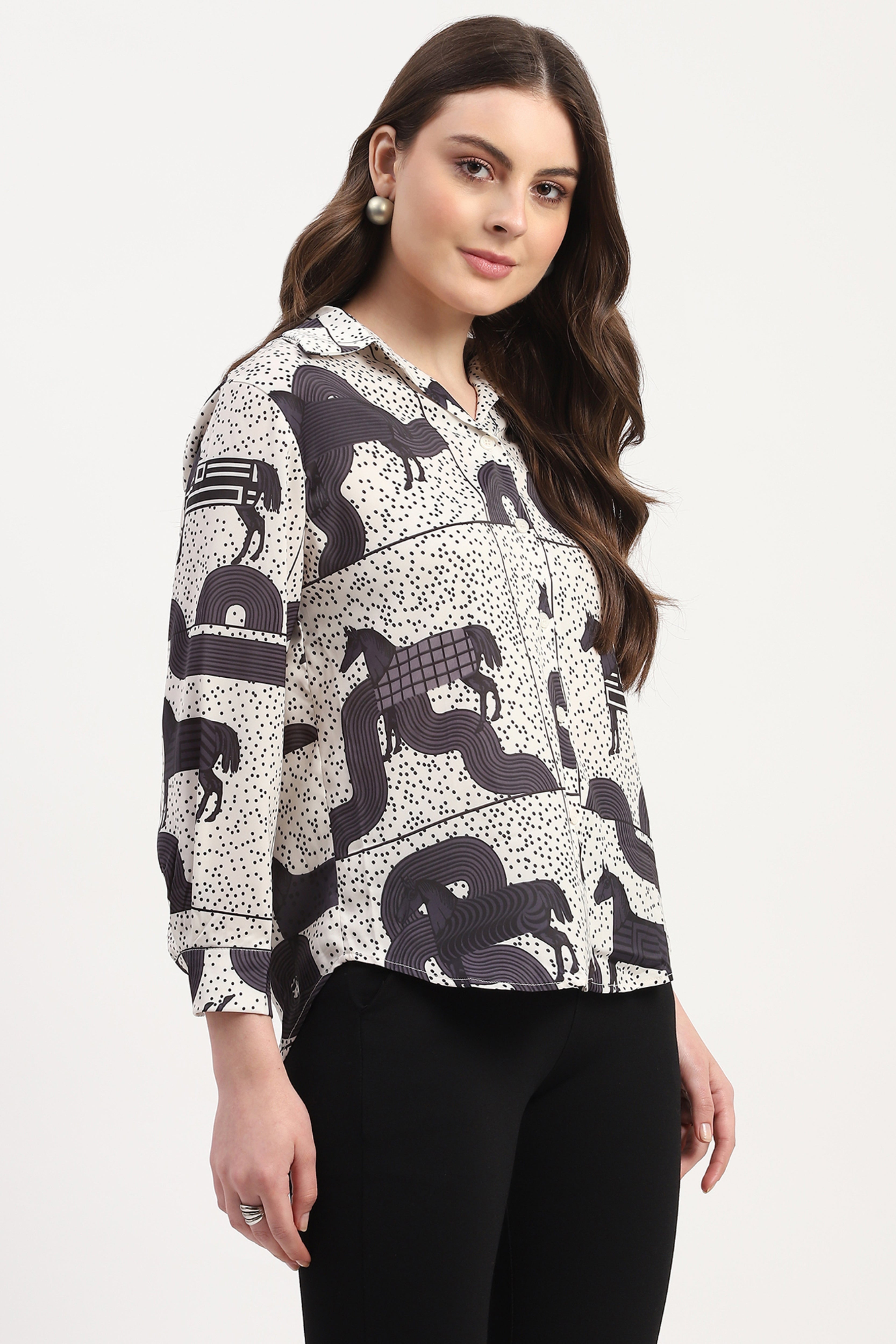 Cream Poly Satin Printed Shirt